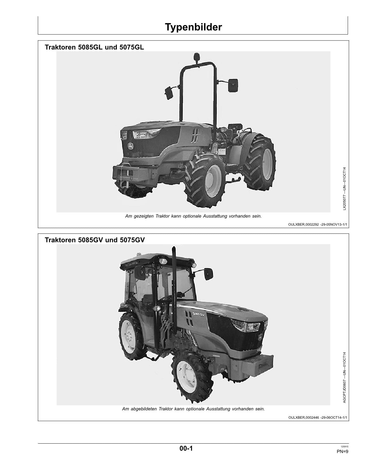 JOHN DEERE 5075GL 5085GL 5075GF 5085GF 5100GF 5075GN TRAKTOR BETRIEBSANLEITUNG