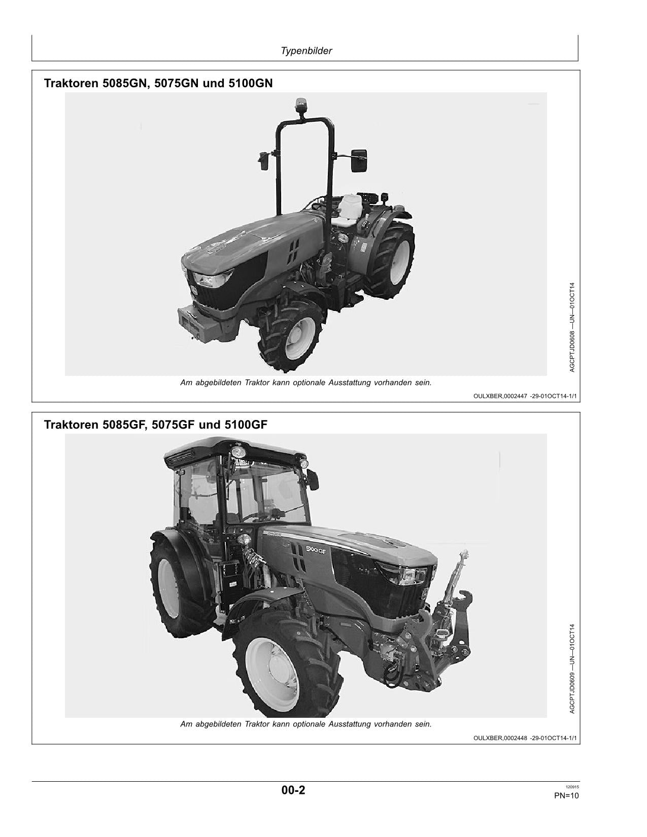 JOHN DEERE 5075GL 5085GL 5075GF 5085GF 5100GF 5075GN TRAKTOR BETRIEBSANLEITUNG