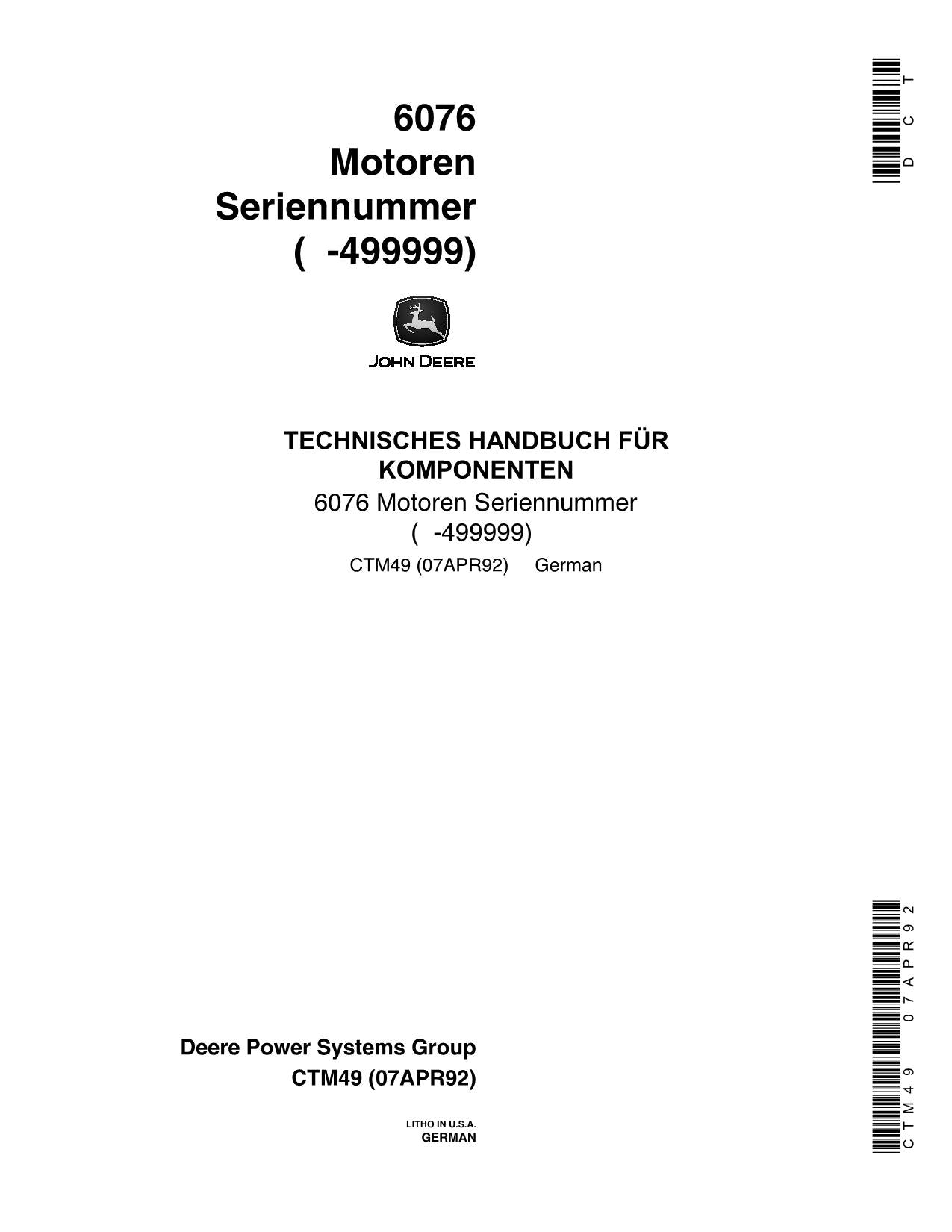 JOHN DEERE 6076 MOTOR REPARATURHANDBUCH ser 499999