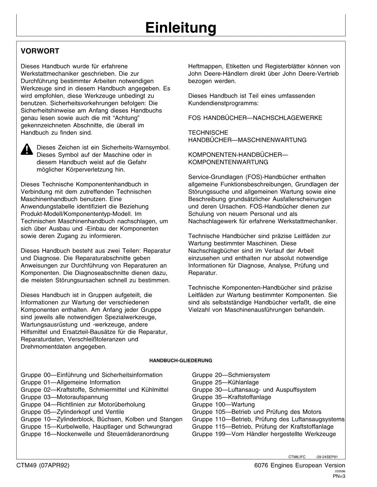 JOHN DEERE 6076 MOTOR REPARATURHANDBUCH ser 499999