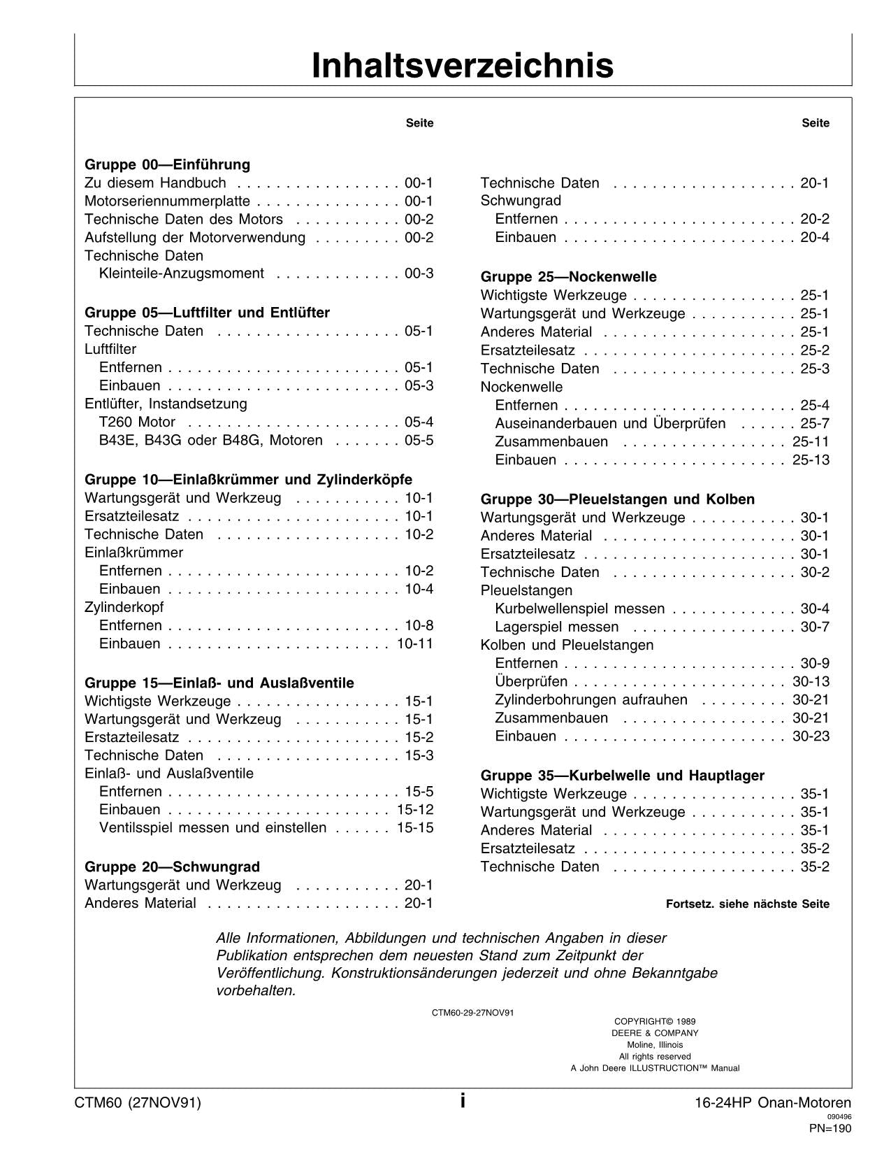 JOHN DEERE ONAN 16 18 20 316 318 420 F910 650 F930 MOTOR REPARATURHANDBUCH