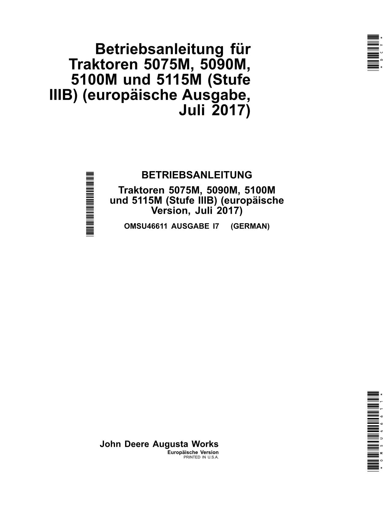 JOHN DEERE 5075M 5090M 5100M 5115M TRAKTOR BETRIEBSANLEITUNG