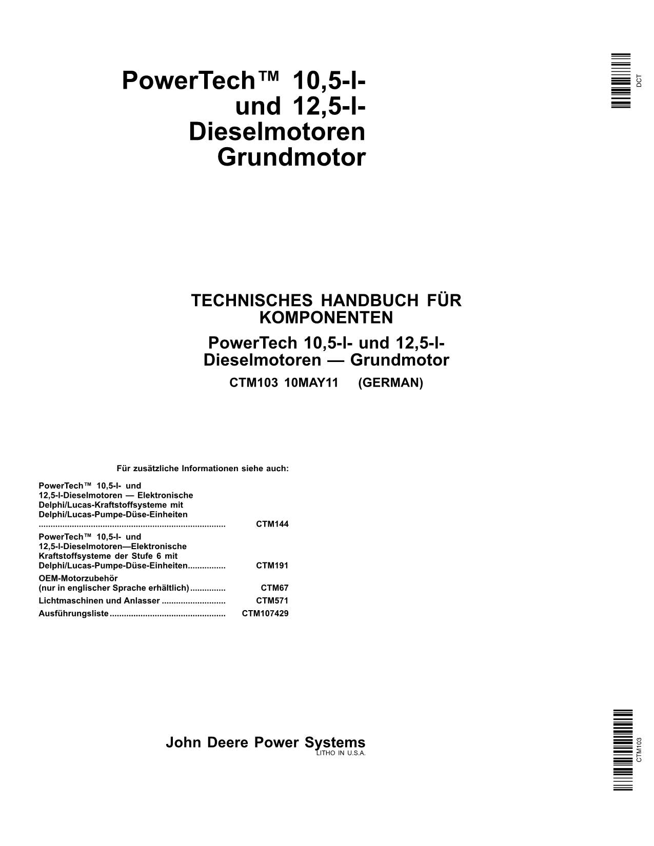 JOHN DEERE 10,5 L 12,5 L POWERTECH MOTEUR RÉPARATION MAIN BUCH WORKSTATTHANDBUCH