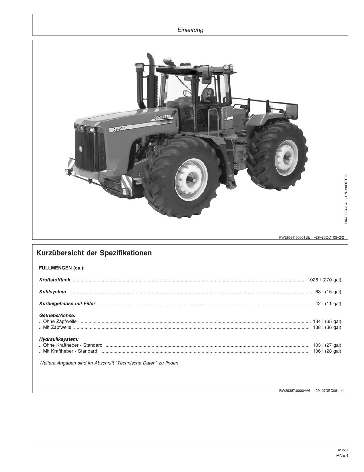 JOHN DEERE 9320 9420 9620 9520 TRAKTOR BETRIEBSANLEITUNG