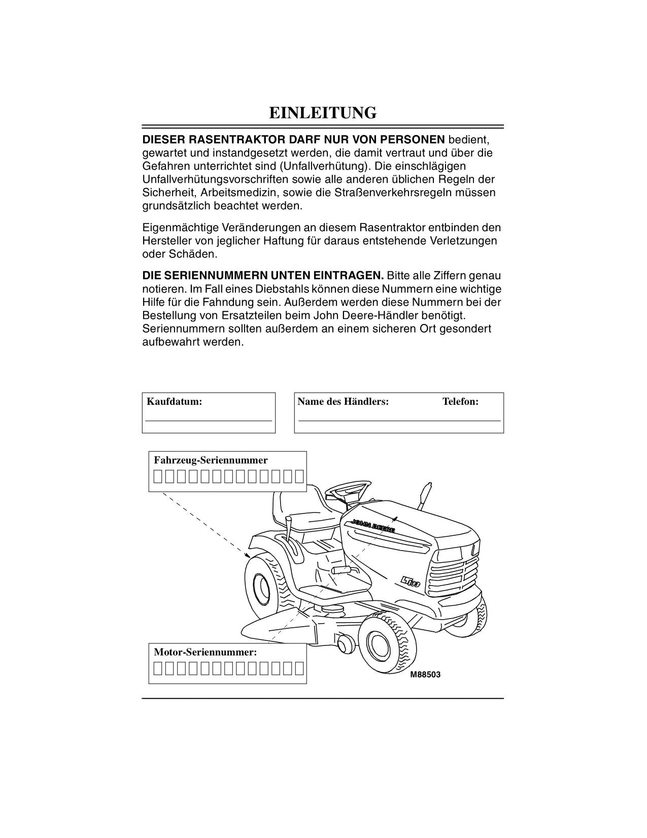 JOHN DEERE LT133 LT155 LT166 TRAKTOR BETRIEBSANLEITUNG