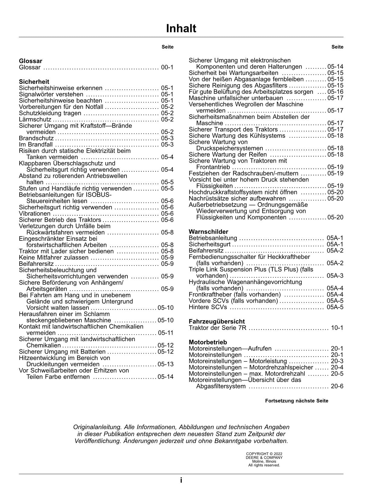 JOHN DEERE 7R 310 350 330 290 270 TRAKTOR BETRIEBSANLEITUNG