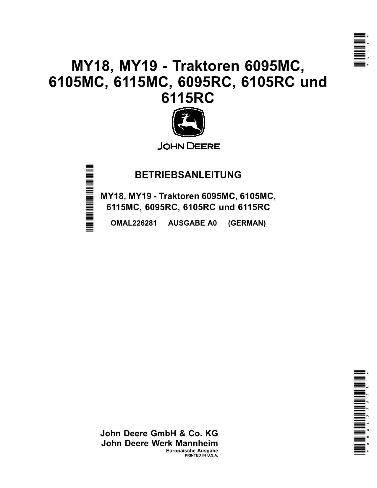 JOHN DEERE 6095MC 6105MC 6115MC 6095RC 6105RC 6115RC TRAKTOR BETRIEBSANLEITUNG