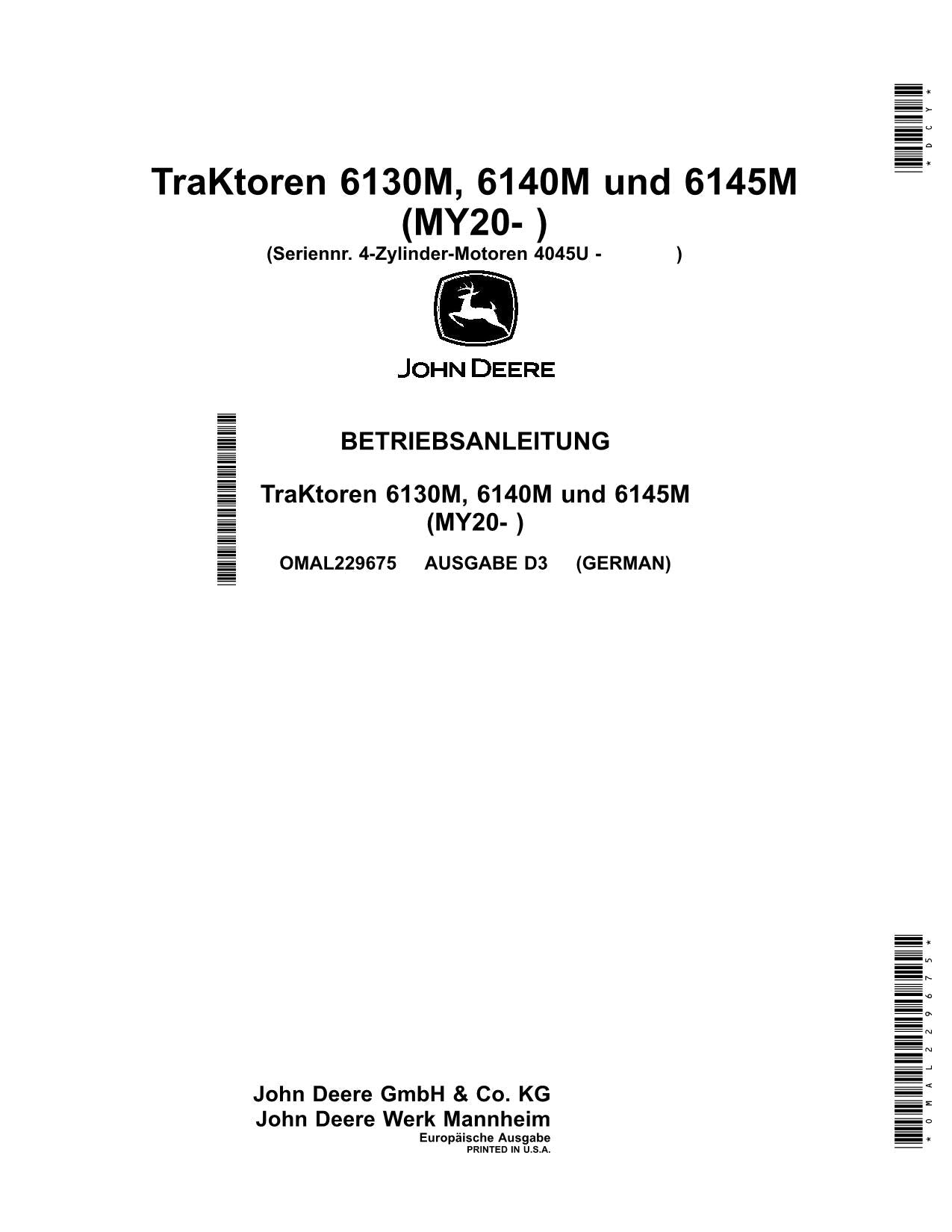 JOHN DEERE 6130M 6140M 6145M TRAKTOR BETRIEBSANLEITUNG