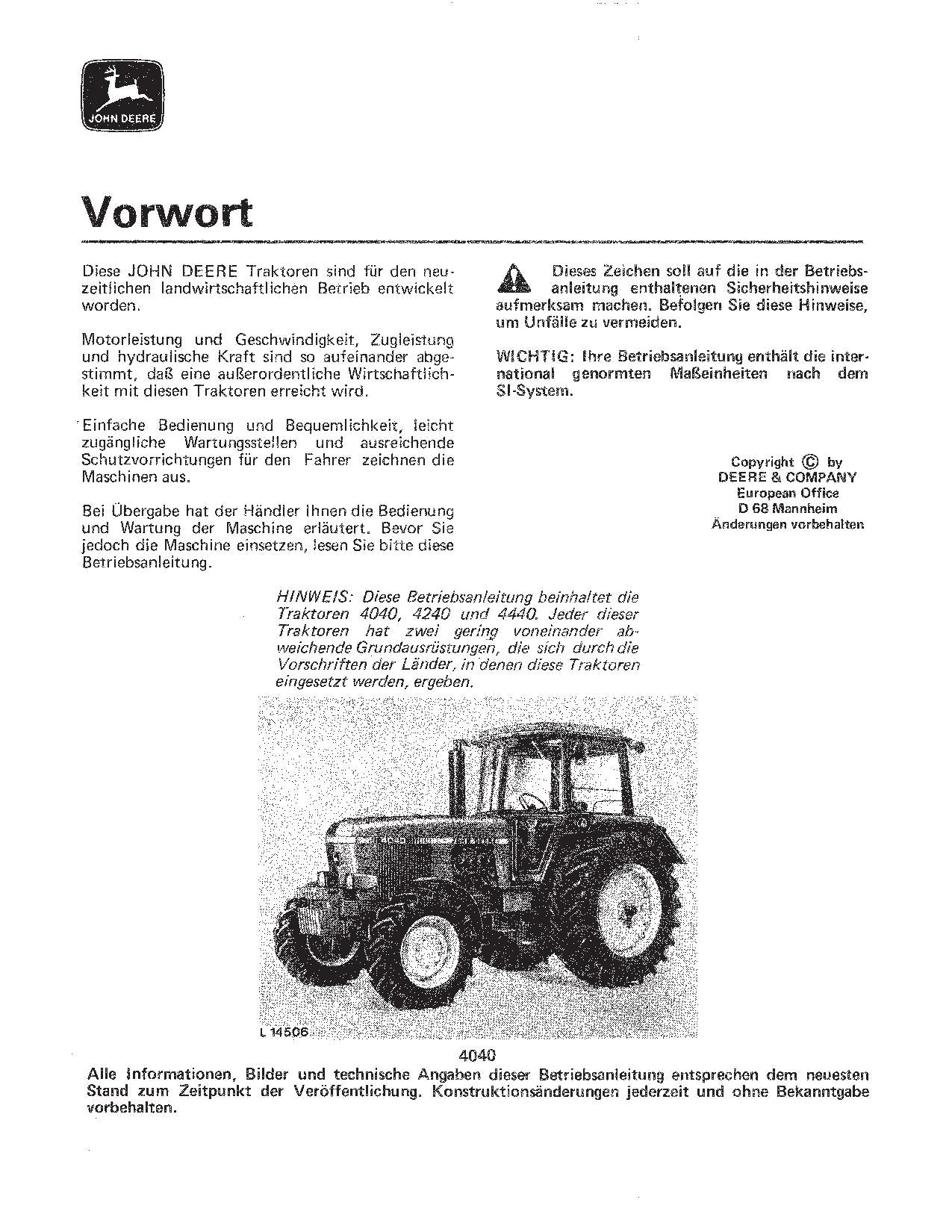 JOHN DEERE 4040 4240 4440 TRAKTOR BETRIEBSANLEITUNG