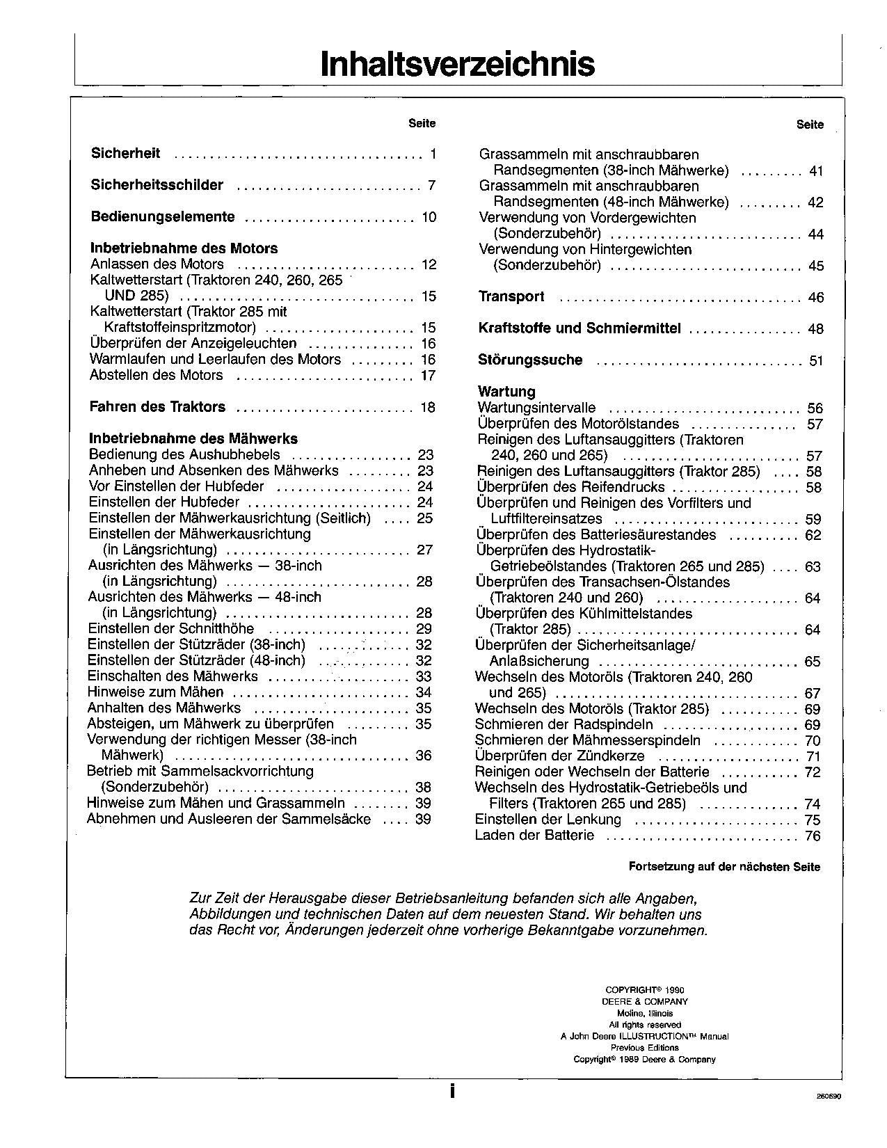 JOHN DEERE 240 260 265 285 TRAKTOR BETRIEBSANLEITUNG