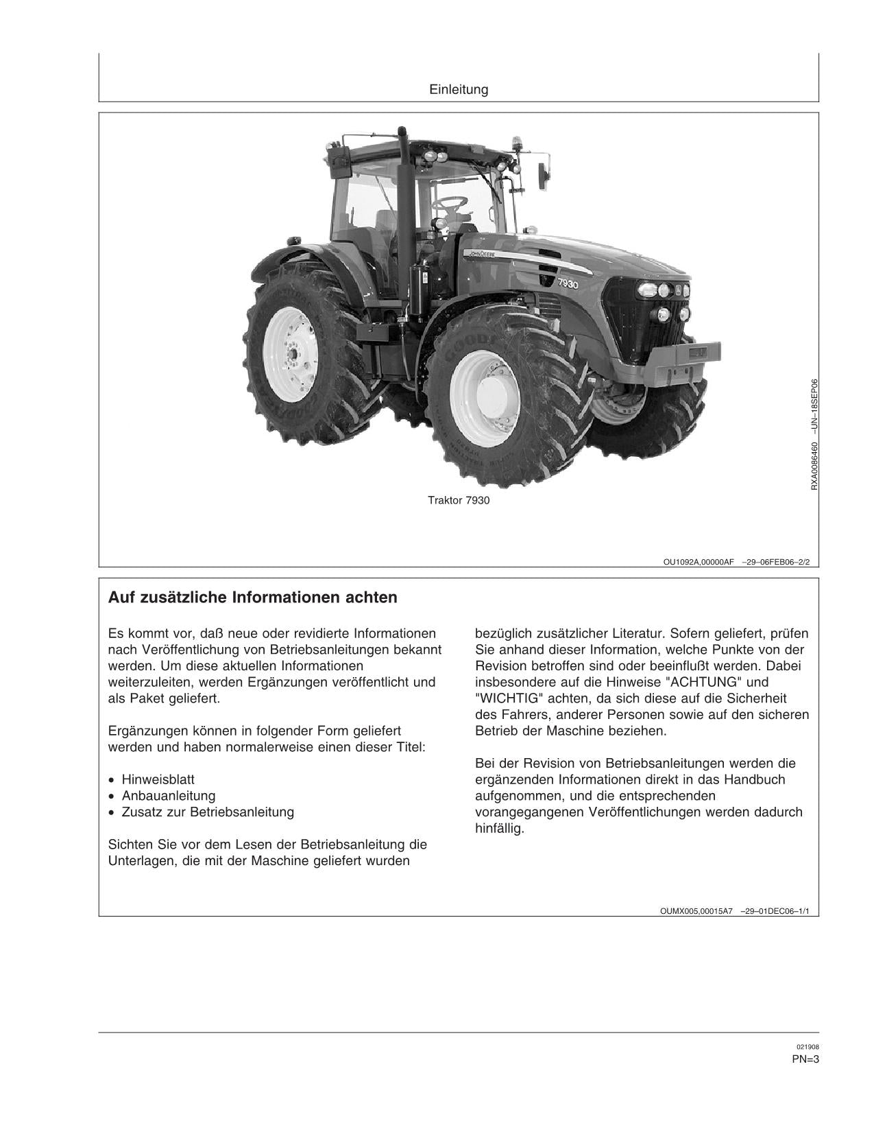 JOHN DEERE 7630 7730 7830 7930 TRAKTOR BETRIEBSANLEITUNG #1