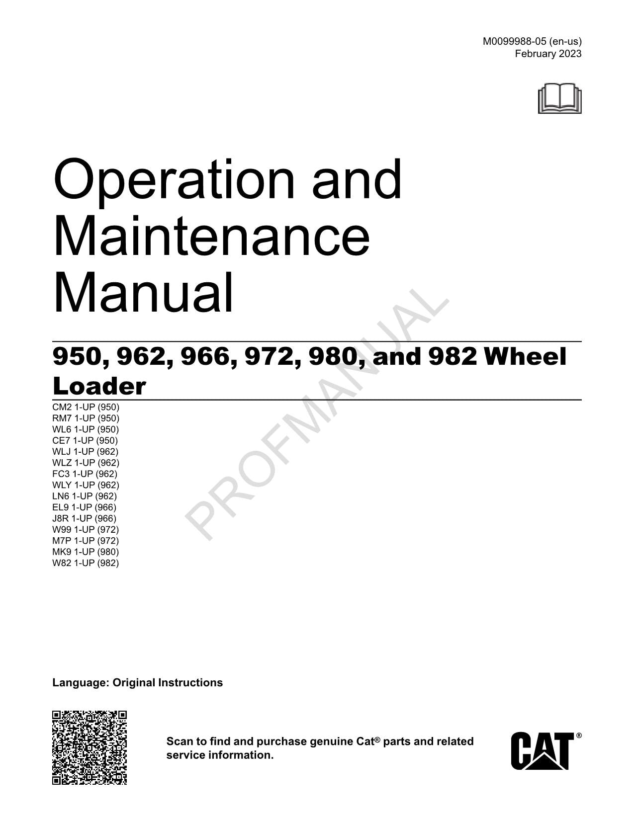 Caterpillar 950 962 966 972 980 982 Wheel Loader Operators Manual M0099988EN-US