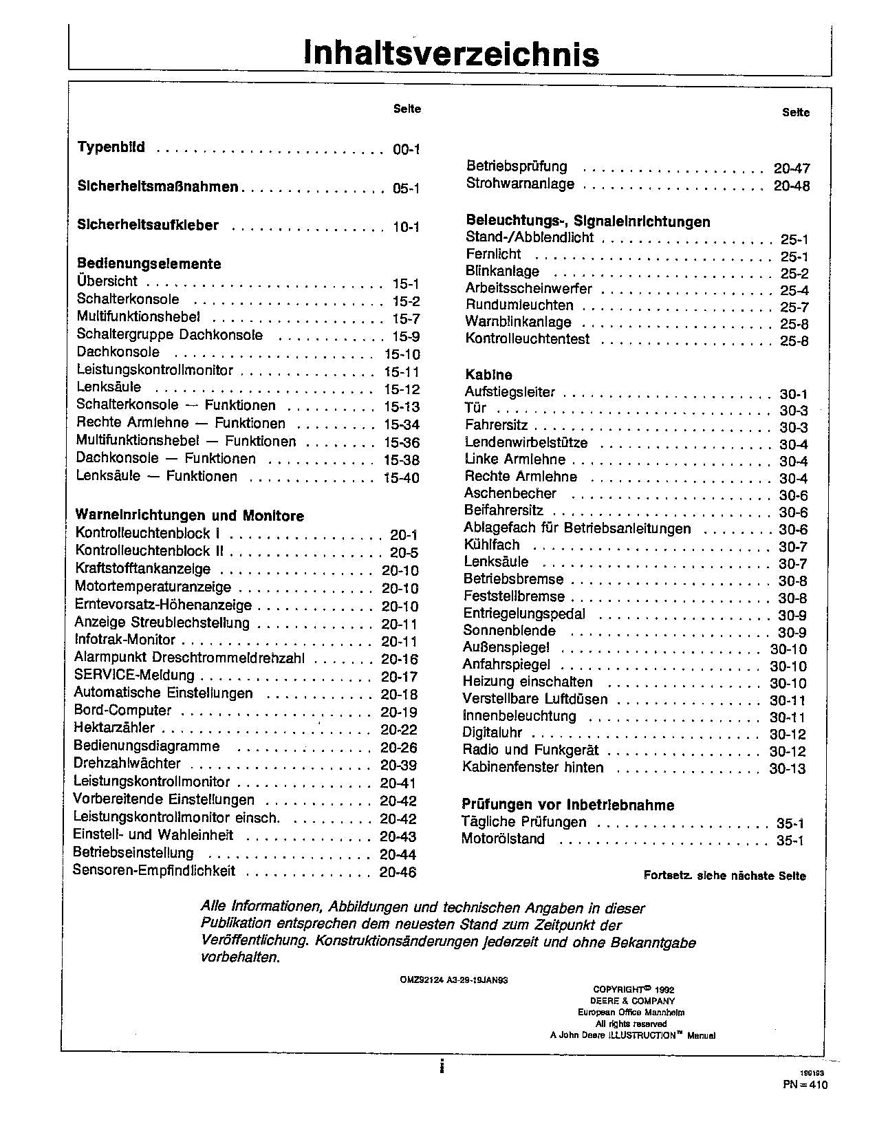 John Deere 2054 2056 2058 2064 2066 Mähdrescher Betriebsanleitung Ser.0-062721