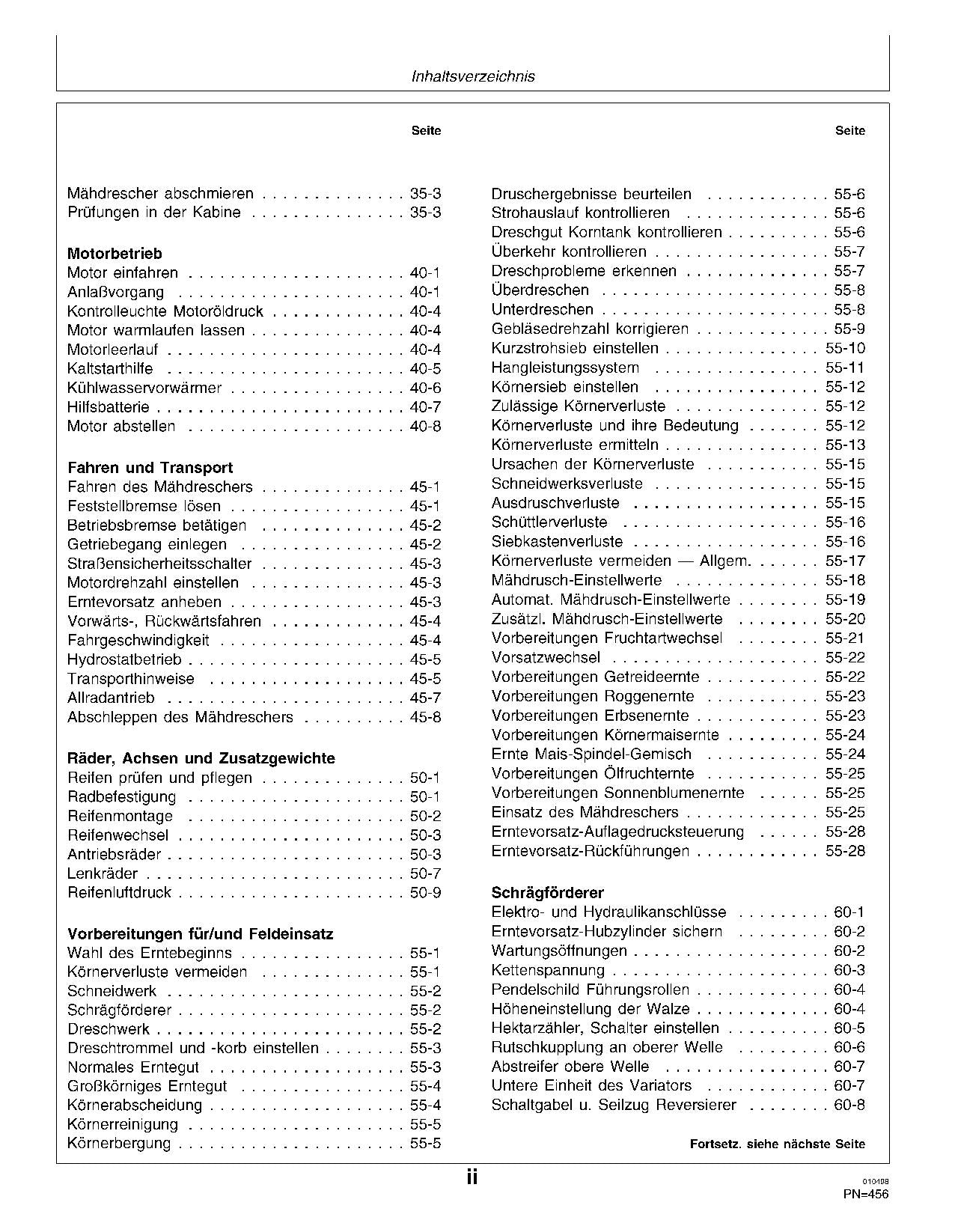 John Deere 2254 2256 2258 2264 2266 Mähdrescher betriebsanleitung 067678- 068583