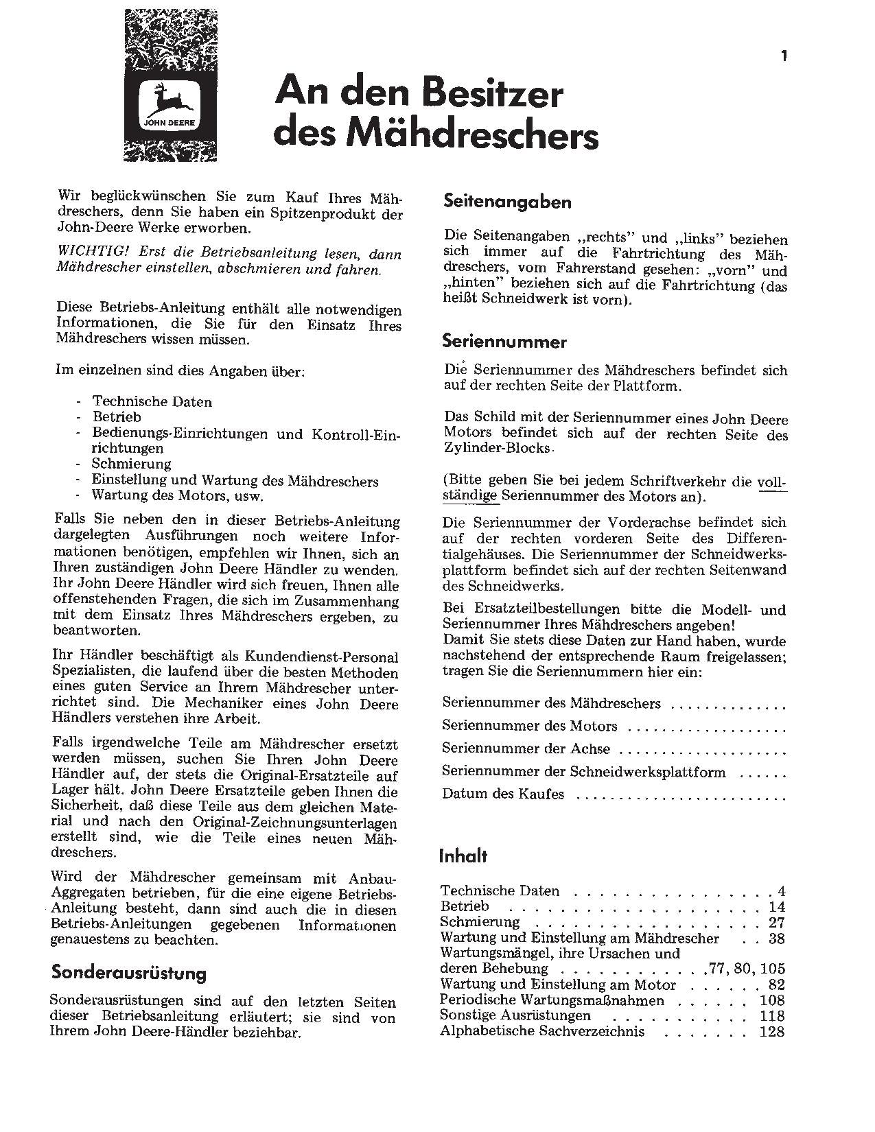 John Deere 330 430 Mähdrescher betriebsanleitung