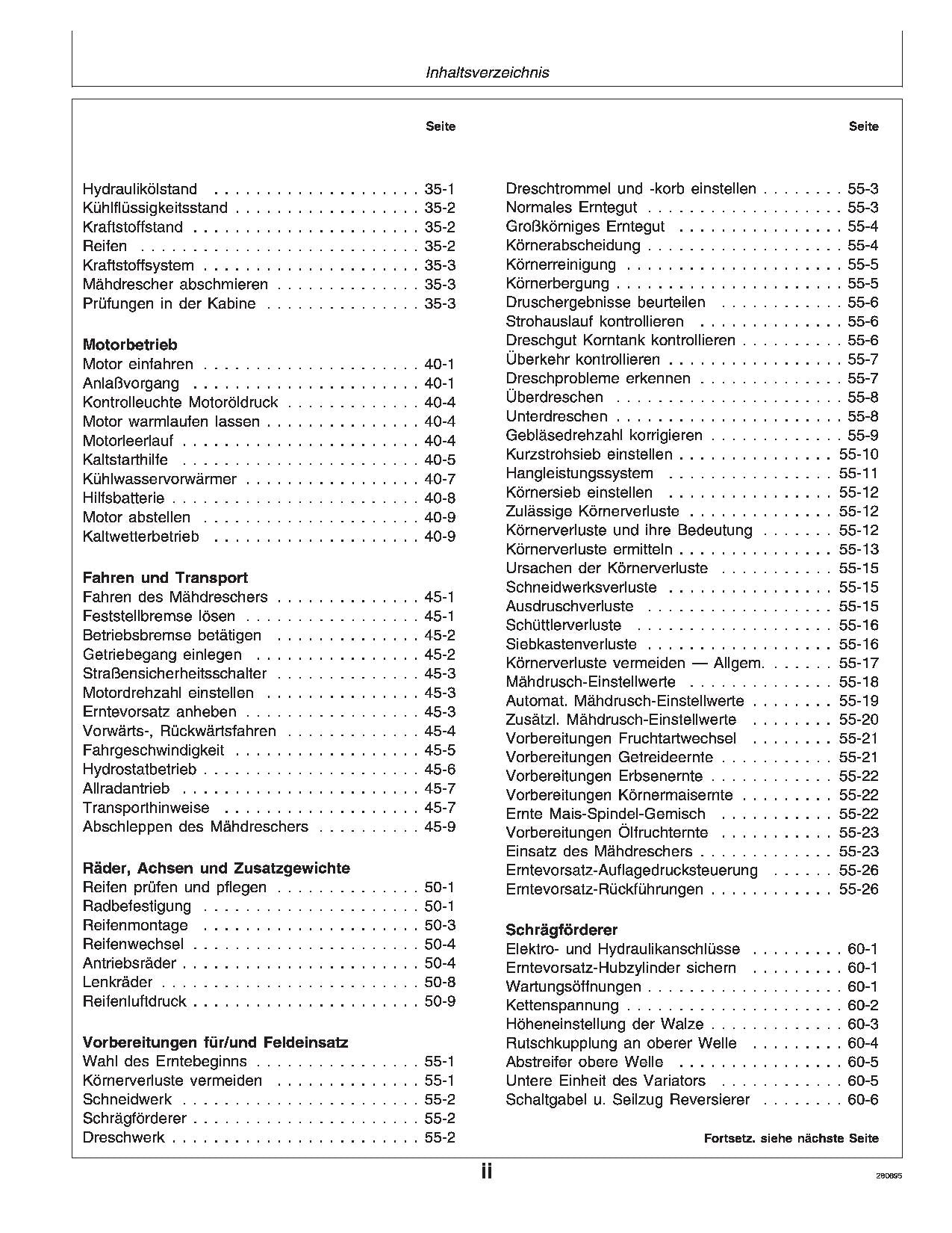 John Deere 2054 2056 2058 2064 2066 Mähdrescher betriebsanleitung 062722-064252