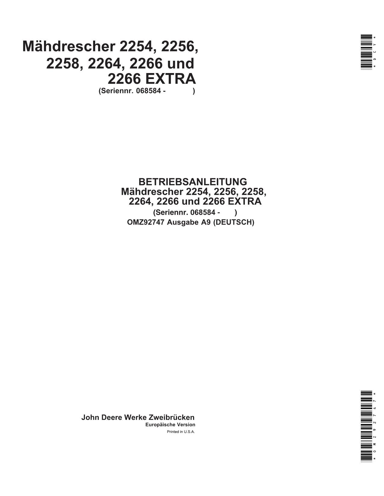 John Deere 2254 2256 2258 2264 2266 Mähdrescher Betriebsanleitung 068584-