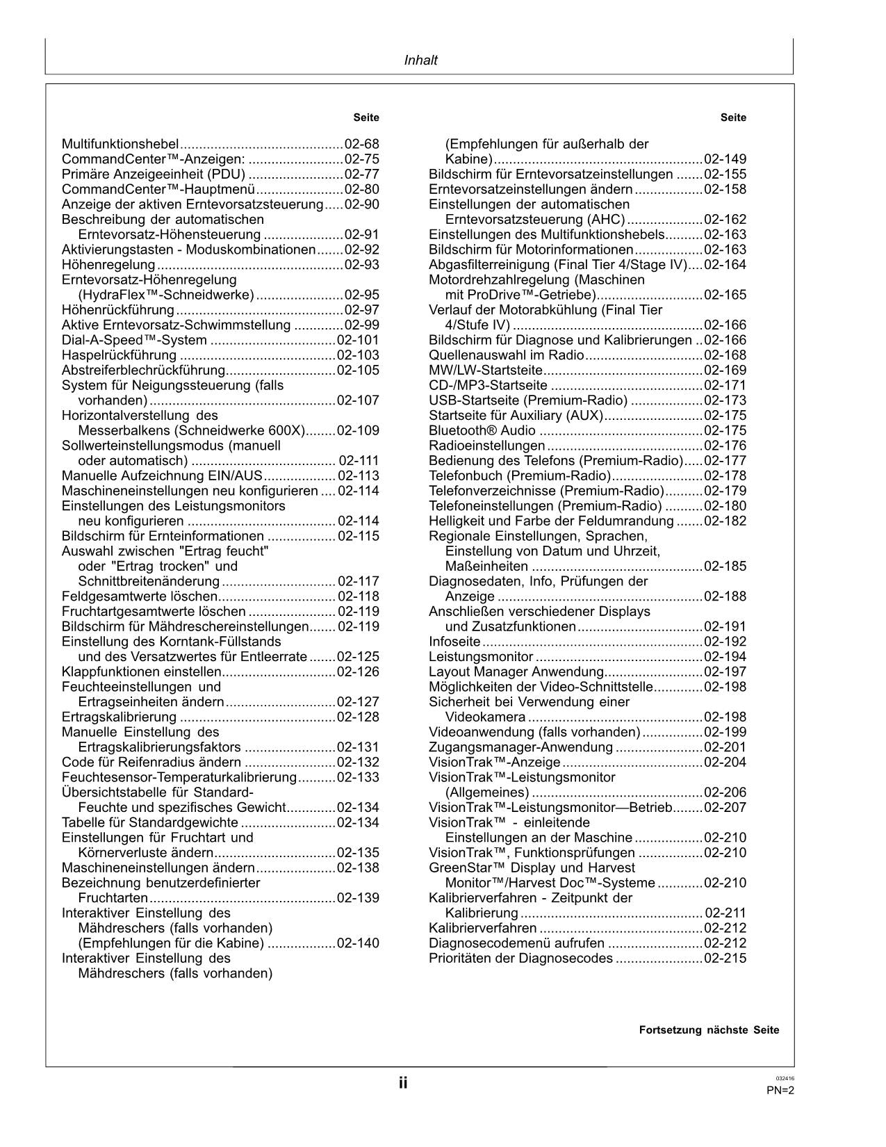 John Deere W540 W550 W650 W660 T550 T560 T660 T670 Mähdrescher betriebsanleitung