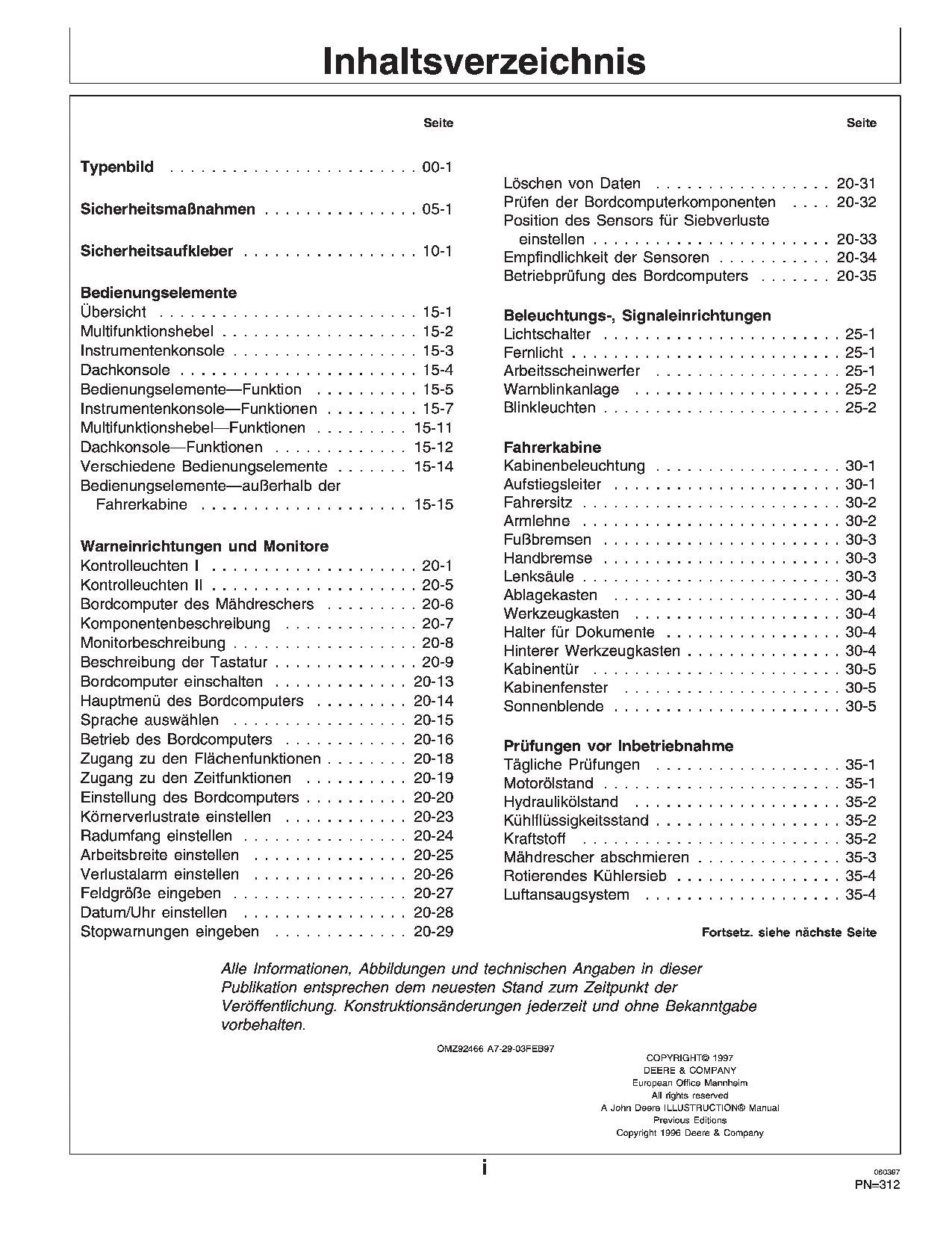 John Deere 1170 314 316 Schneidwerke Mähdrescher betriebsanleitung