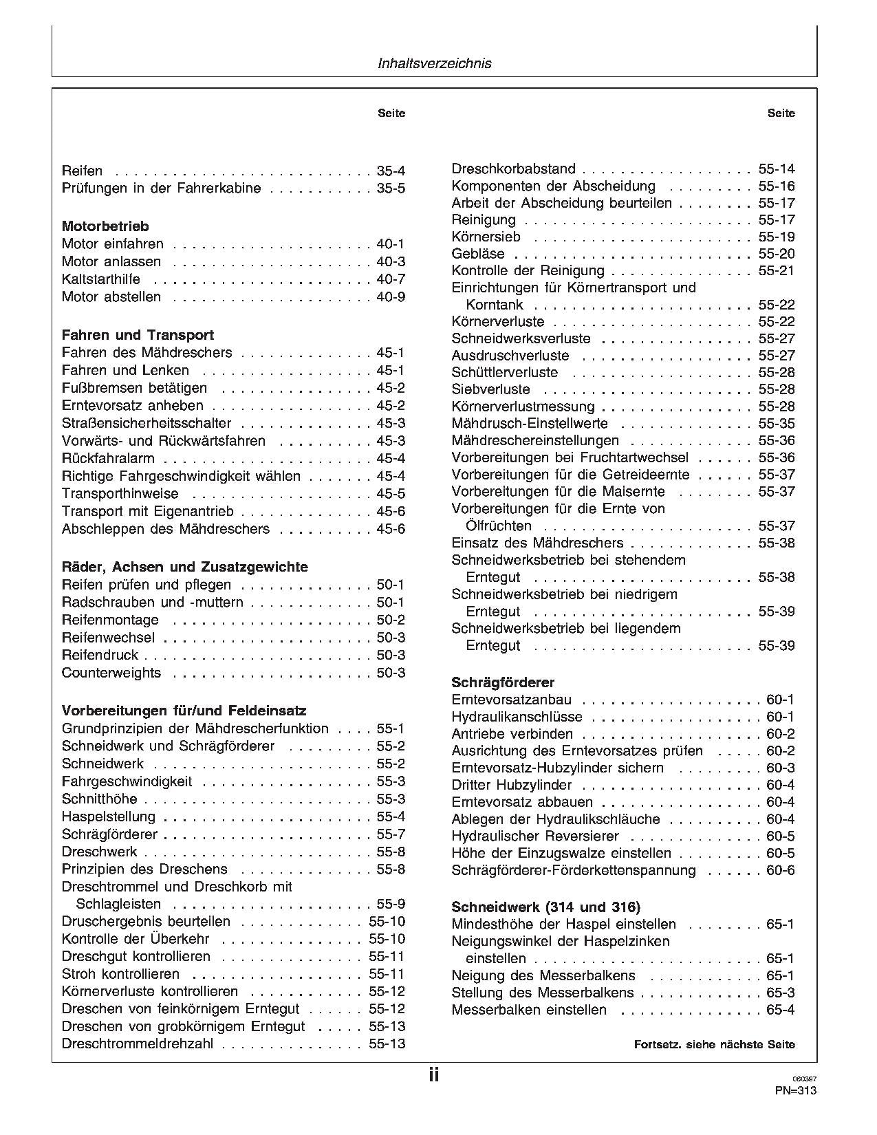 John Deere 1170 314 316 Schneidwerke Mähdrescher betriebsanleitung