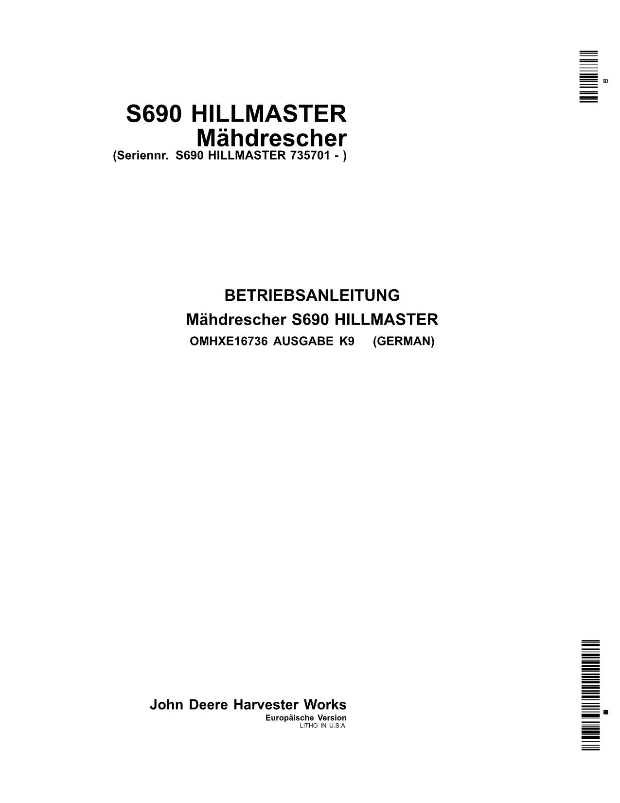 John Deere S690 HillMaster Mähdrescher betriebsanleitung #2