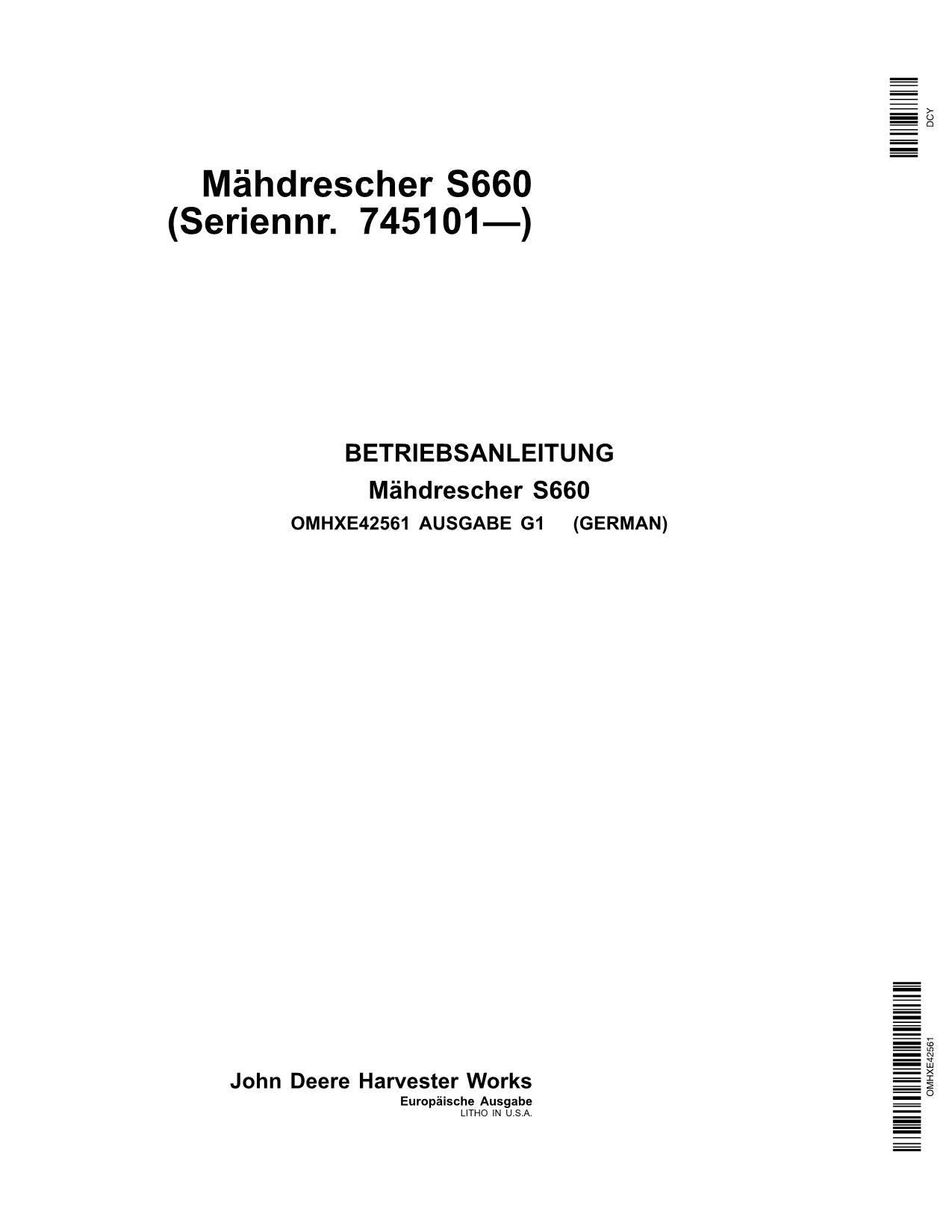 John Deere S660 STS Mähdrescher betriebsanleitung