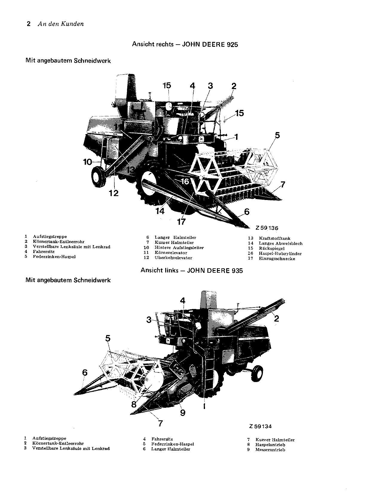 John Deere 925 935 945 Mähdrescher Betriebsanleitung