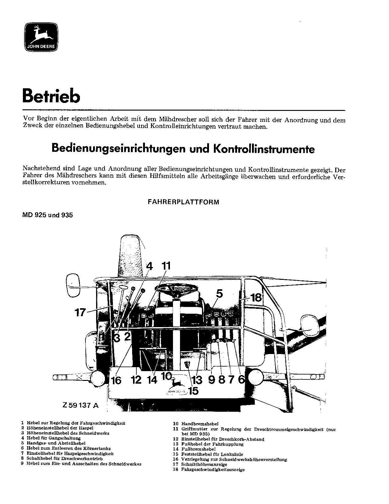 John Deere 925 935 945 Mähdrescher Betriebsanleitung