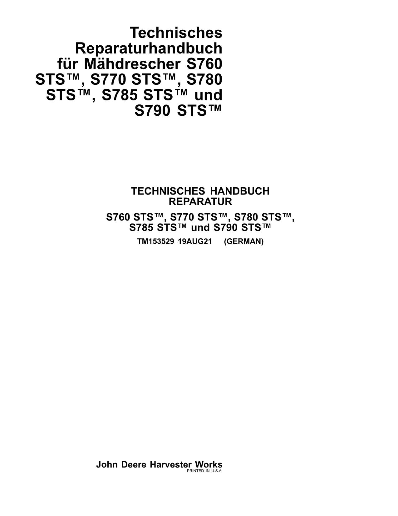 John Deere S770 S780 S785 S790 S760 STS mähdrescher reparaturhandbuch