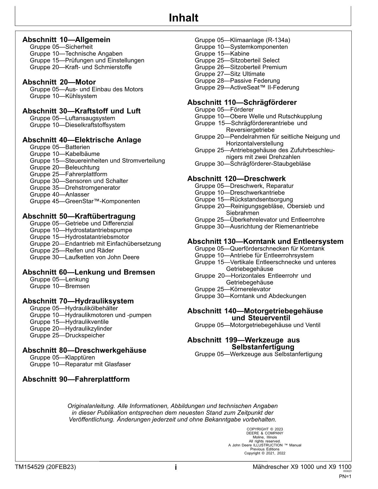 John Deere X9 1000 1100 mähdrescher reparaturhandbuch