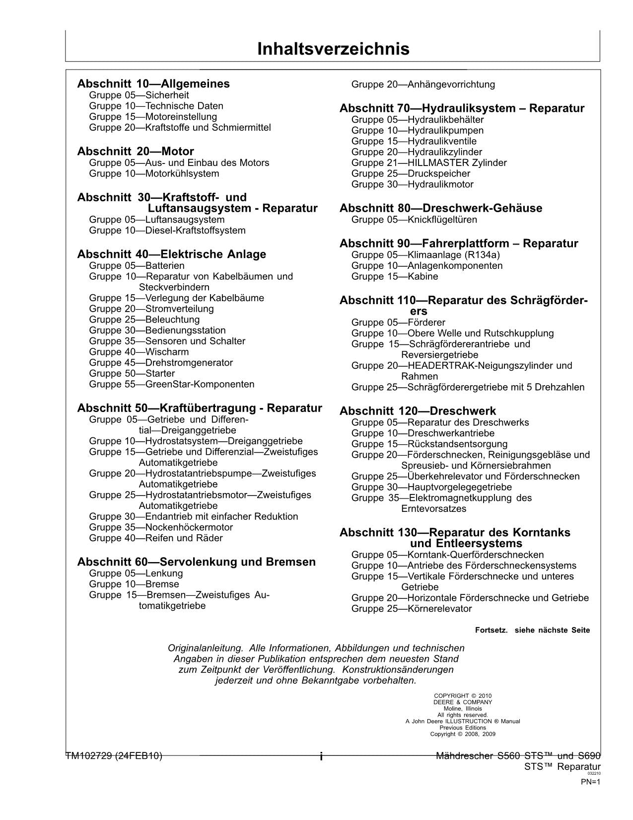 John Deere S560 STS S690 mähdrescher reparaturhandbuch