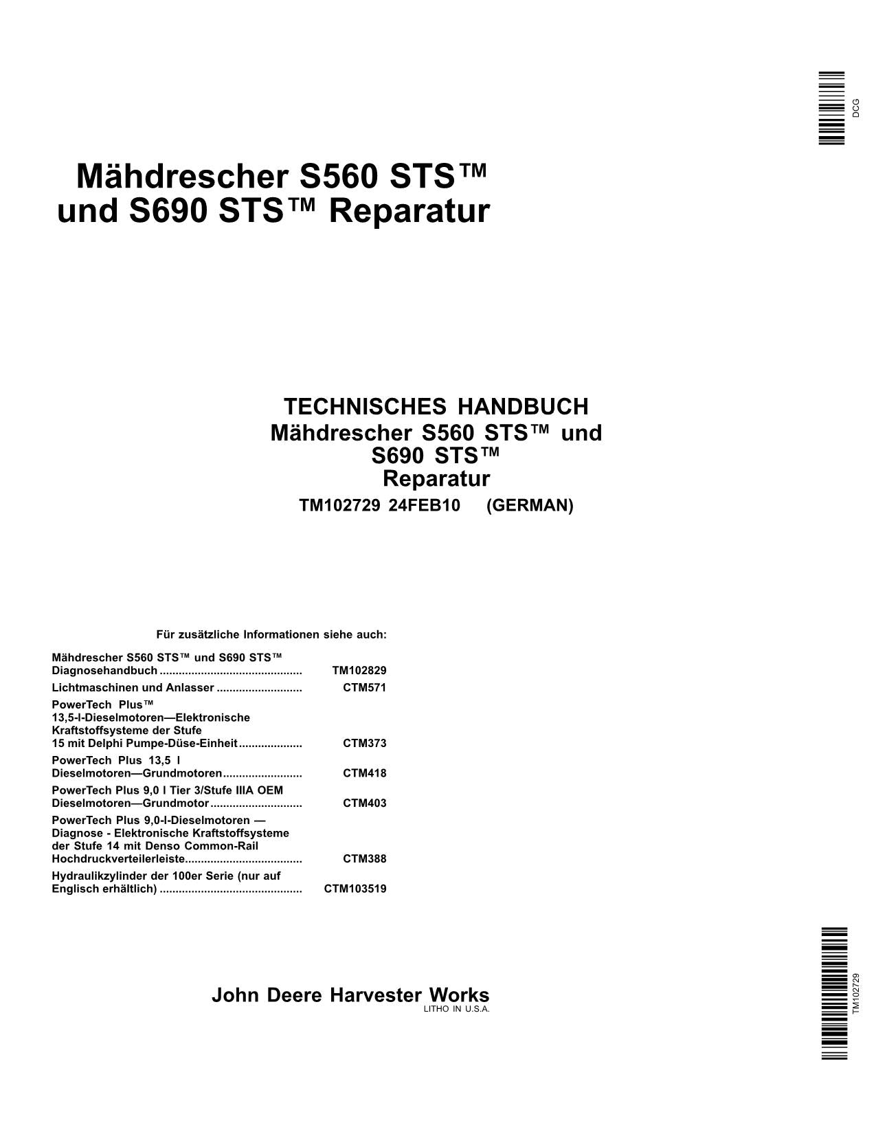 John Deere S560 STS S690 mähdrescher reparaturhandbuch