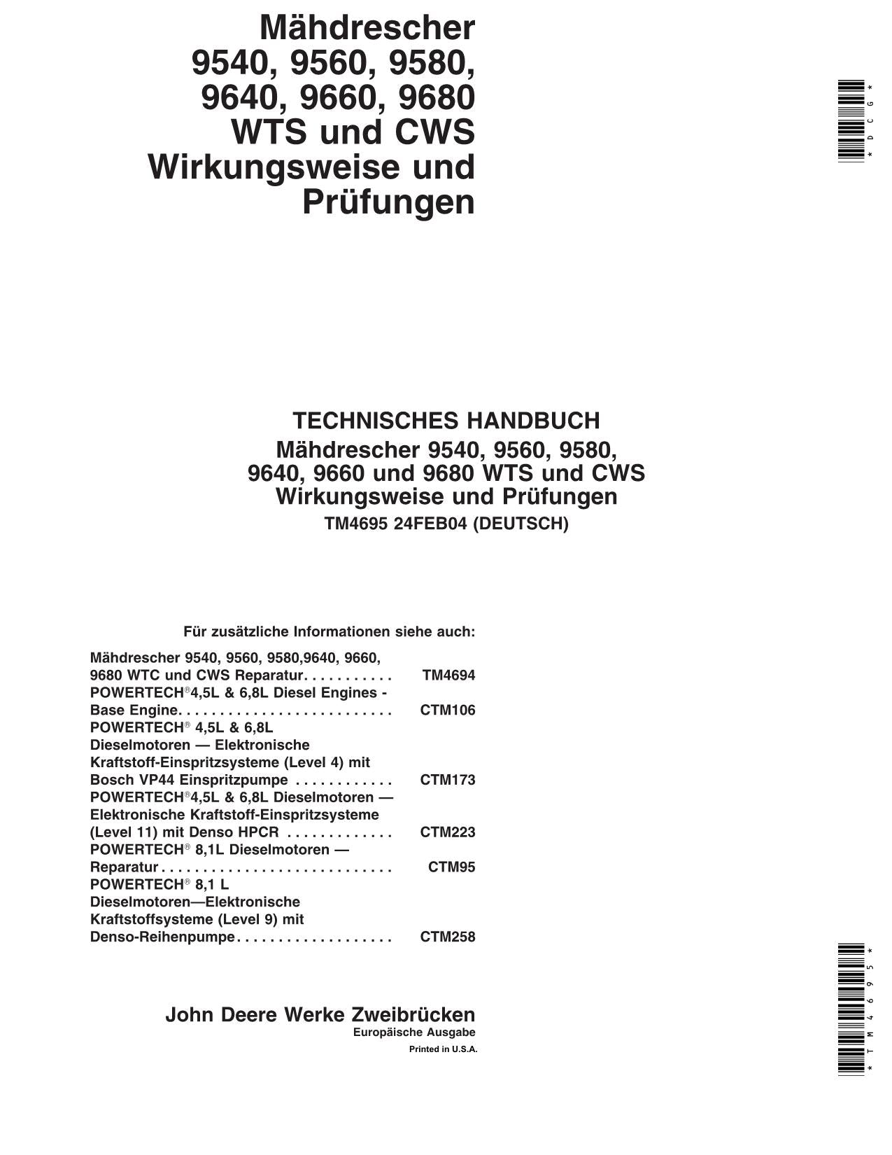 John Deere 9540 9560 9580 9640 9660 9680 mähdrescher diagnose reparaturhandbuch