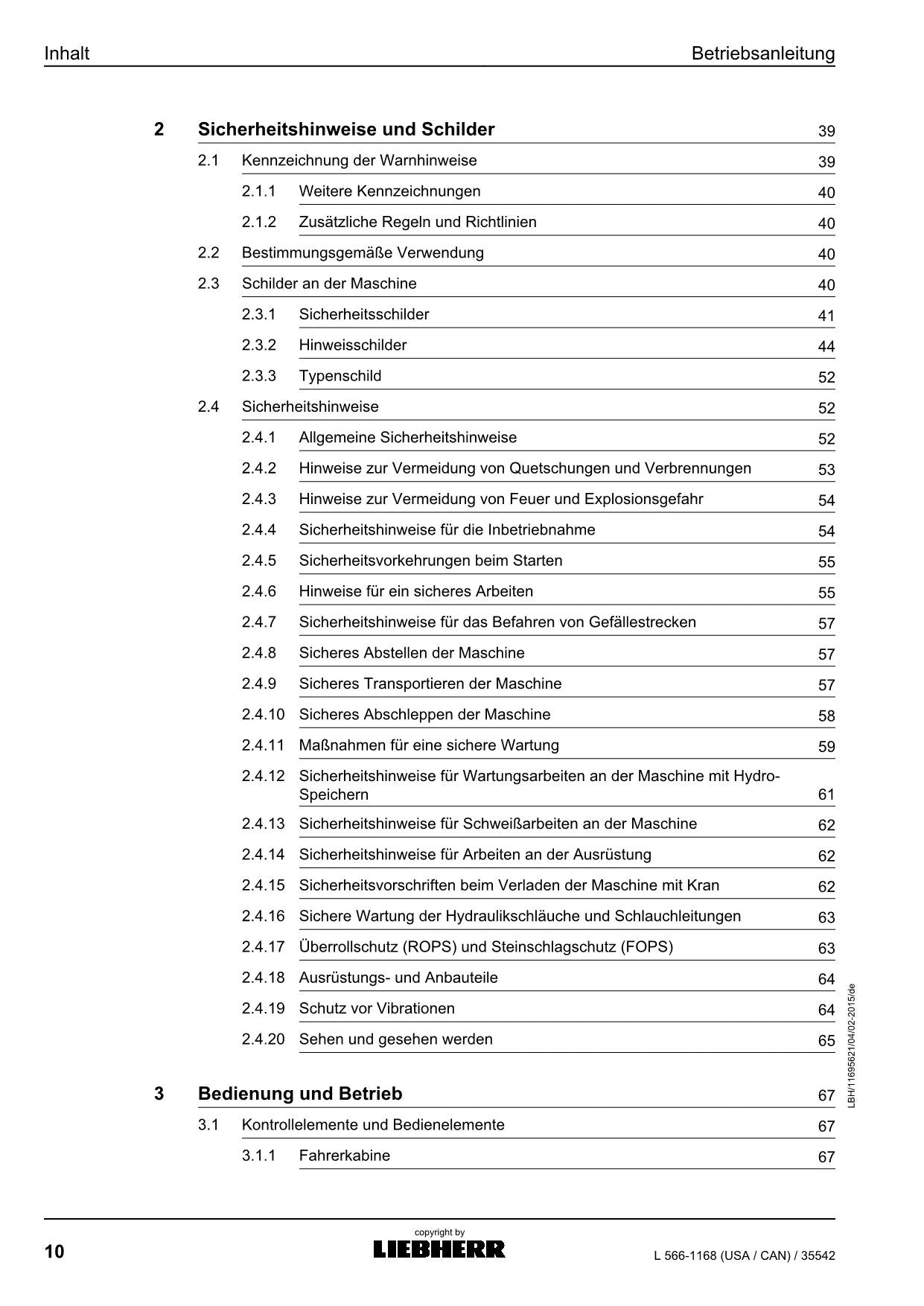 Liebherr L566 USACAN Radlader Betriebsanleitung ser 35542