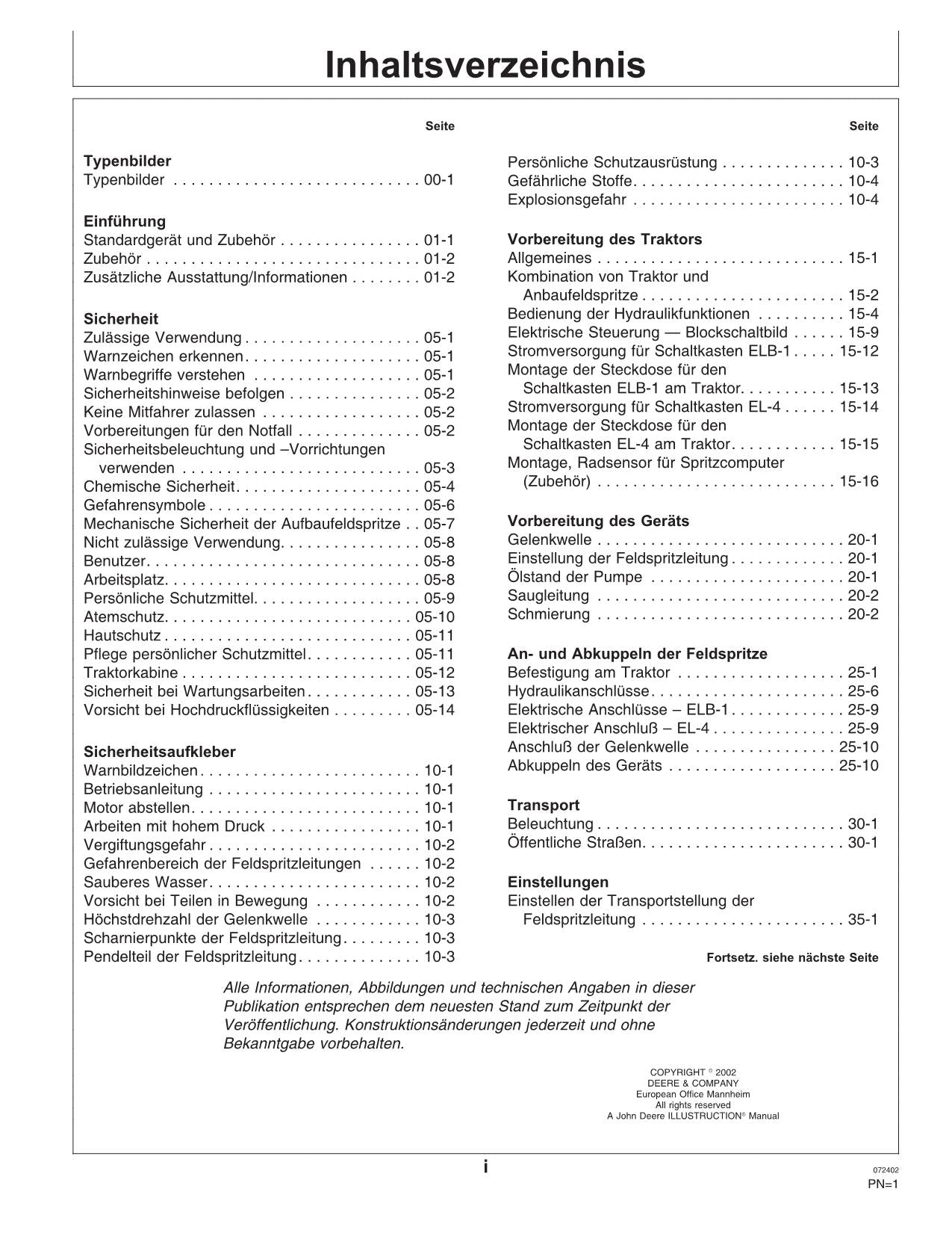 John Deere Anbaufeldspritze 508 510 Schaltkästen ELB-1 EL-4 betriebsanleitung