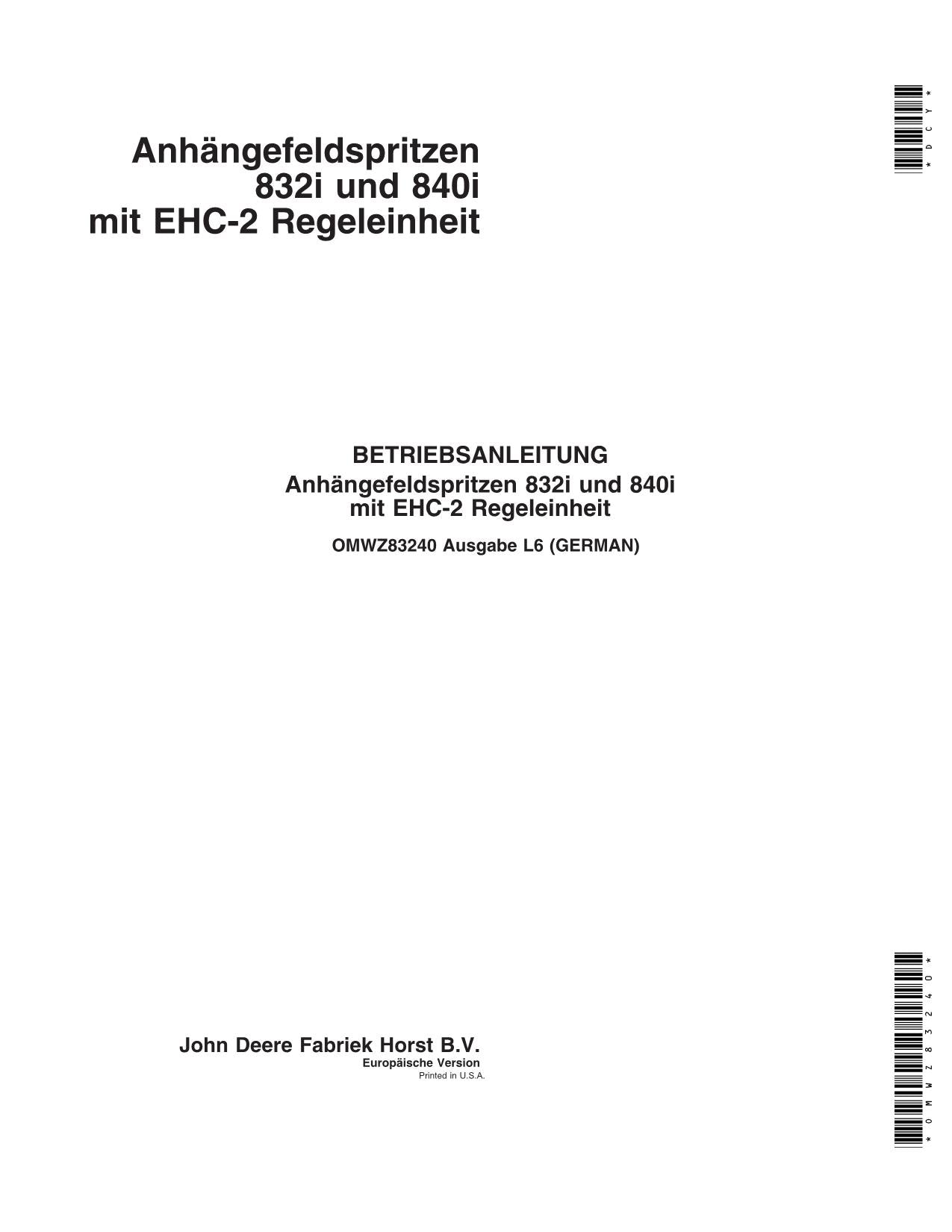 John Deere Anhängefeldspritze 832i 840i EHC-2 Regeleinheit betriebsanleitung