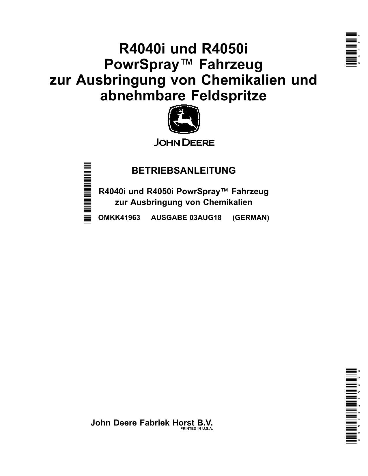 John Deere R4040i R4050i Fahrzeug Ausbringung Feldspritze Betriebsanleitung