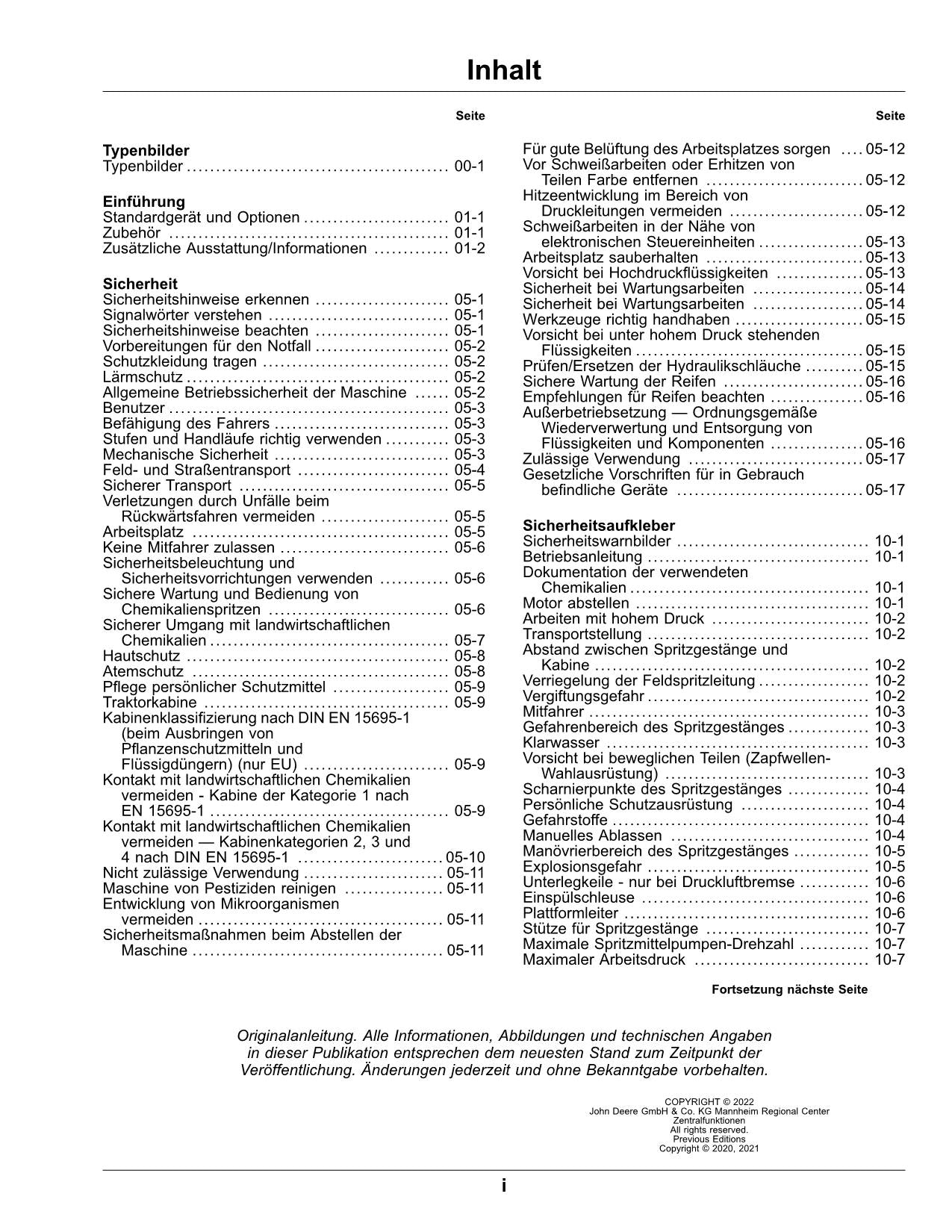 John Deere Anhängefeldspritze M944 M952 M962 M944i M952i M962i betriebsanleitung