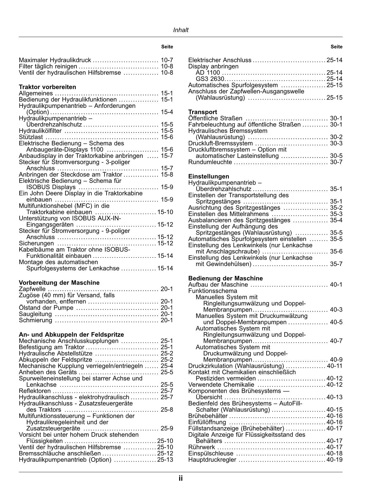 John Deere Anhängefeldspritze M944 M952 M962 M944i M952i M962i betriebsanleitung