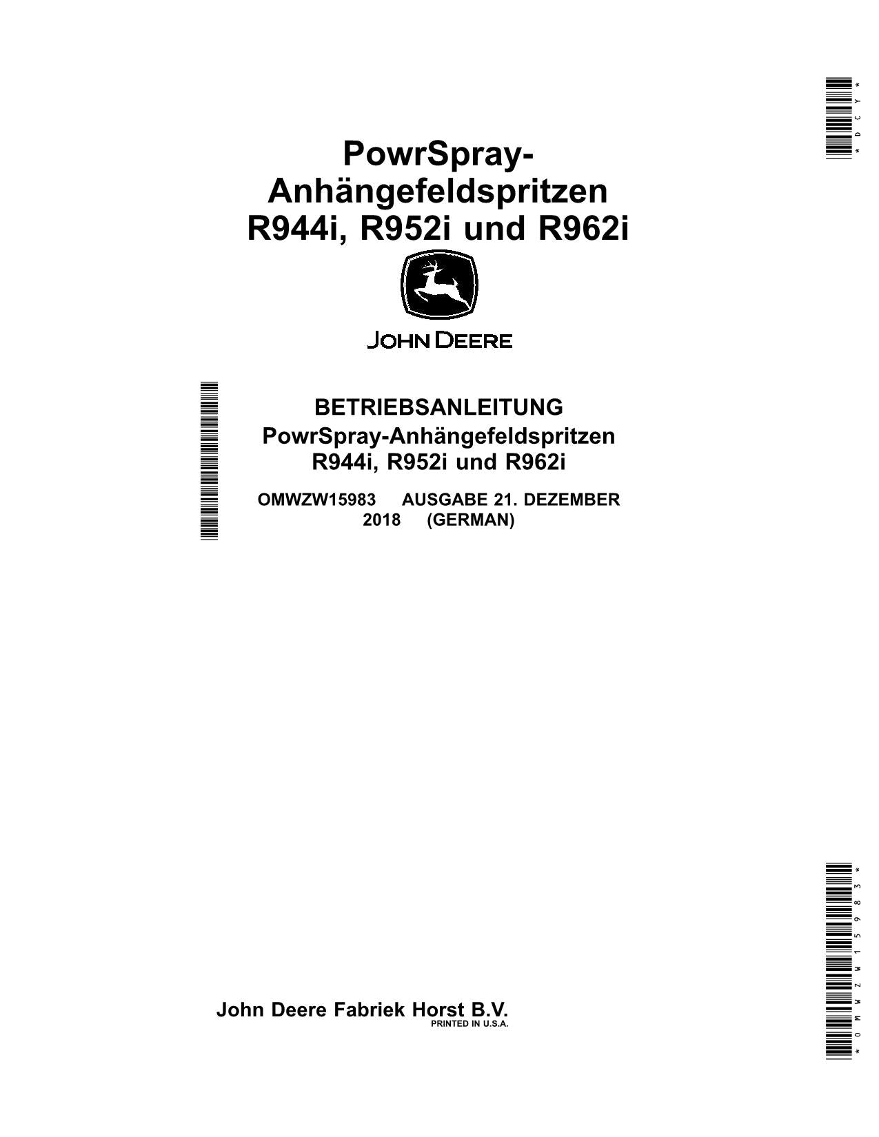 John Deere PowrSpray Anhängefeldspritzen R944i R952i R962i manuel d'instructions