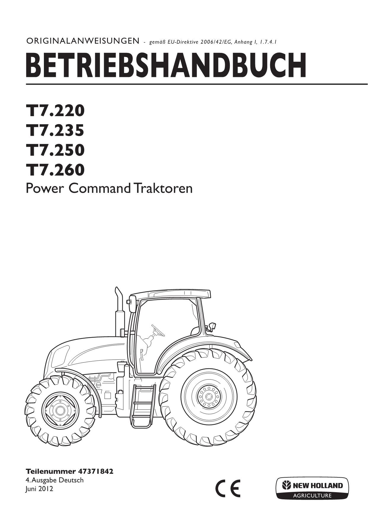 New Holland T7.220 T7.235 T7.250 T7.260 manuel d'instructions pour tracteur 47371842