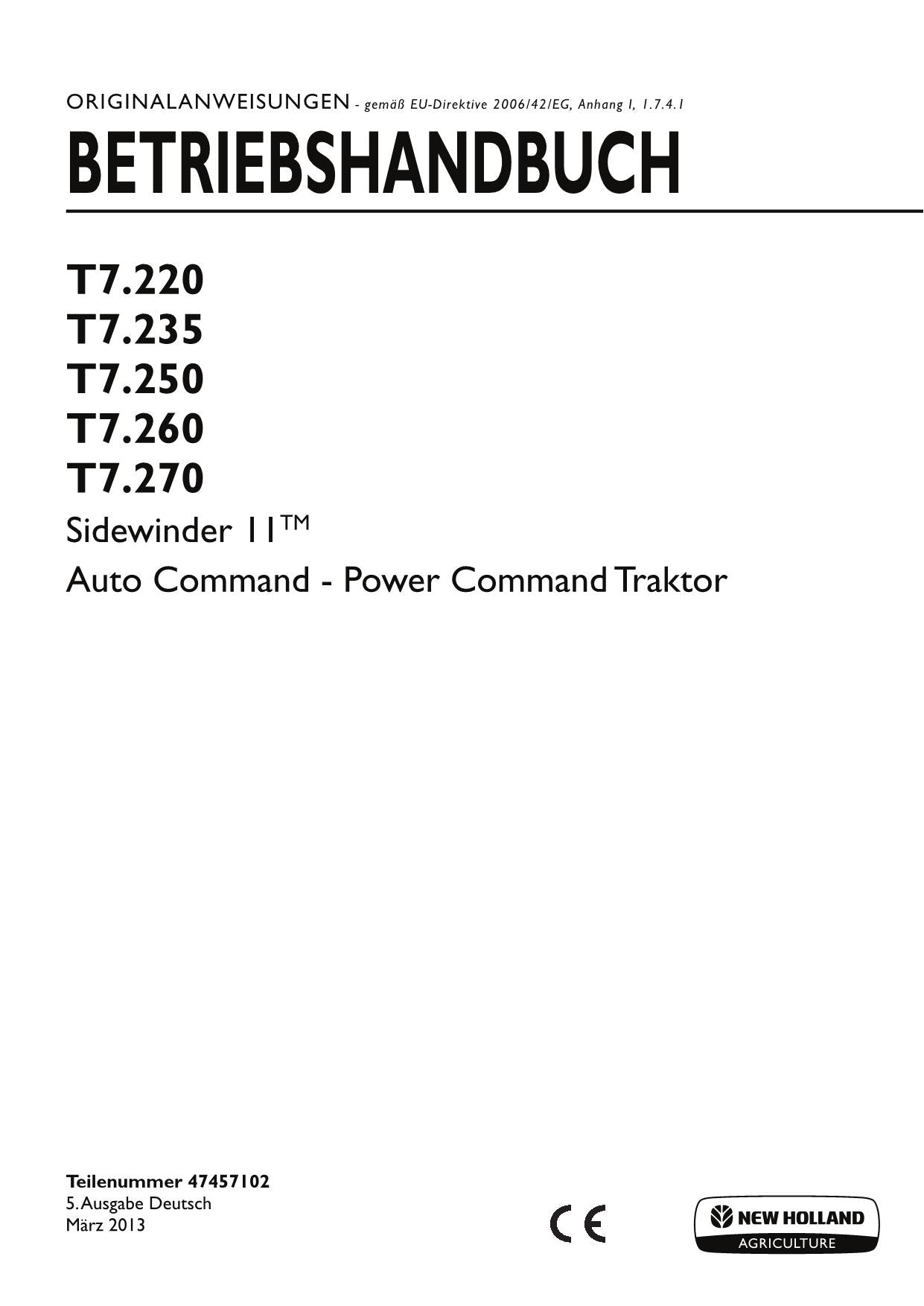 New Holland T7.220 T7.235 manuel d'instructions pour tracteur 47457102