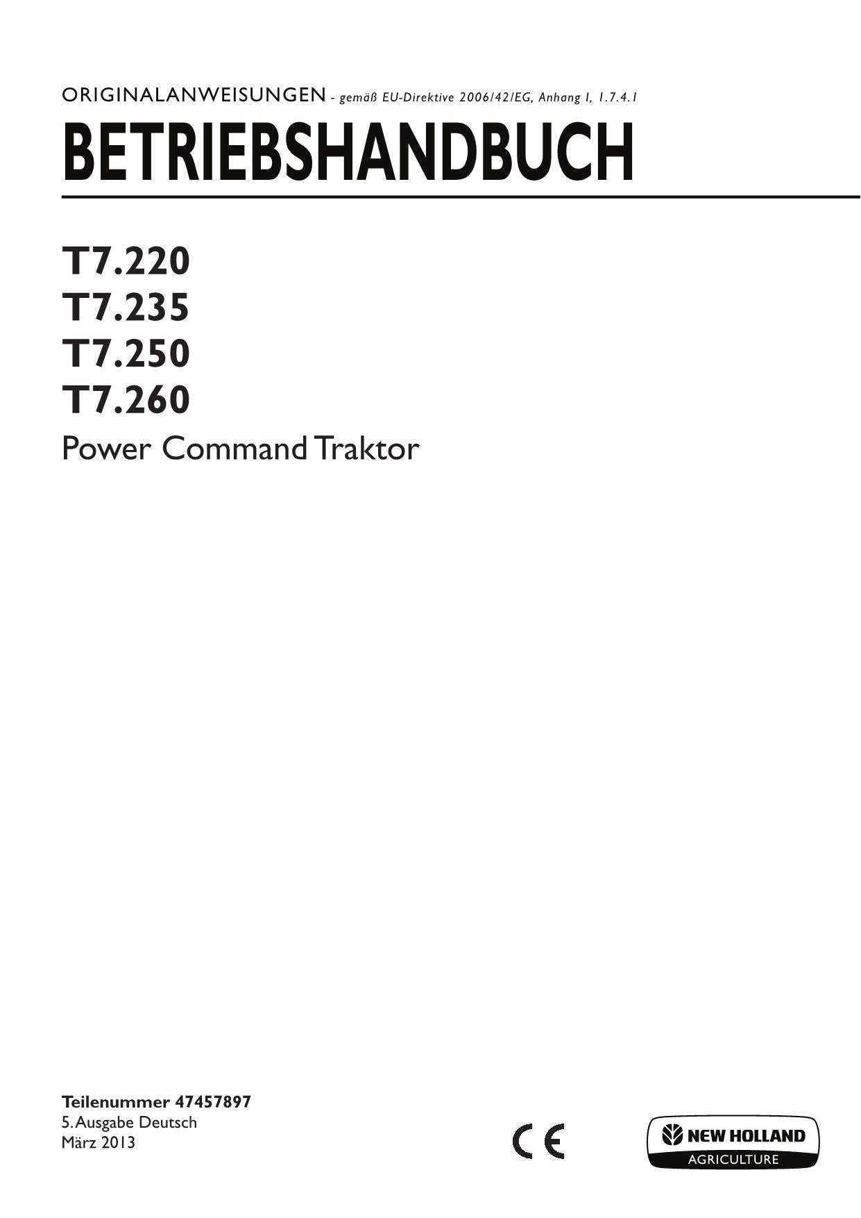 New Holland T7.220 T7.235 T7.250 T7.260 manuel d'instructions pour tracteur 47457897