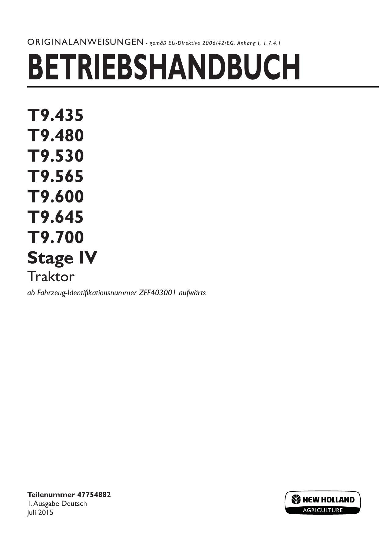 New Holland T9.435 T9.480 T9.530 T9.565 T9.600 T9.645 T9.700 manuel d'instructions