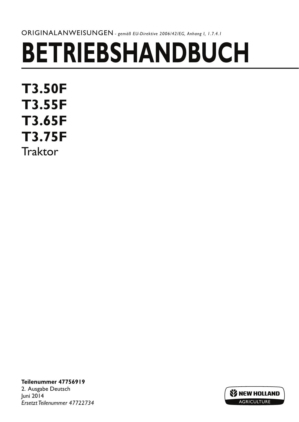 New Holland T3.50F T3.55F T3.65F T3.75F Traktor Betriebsanleitung