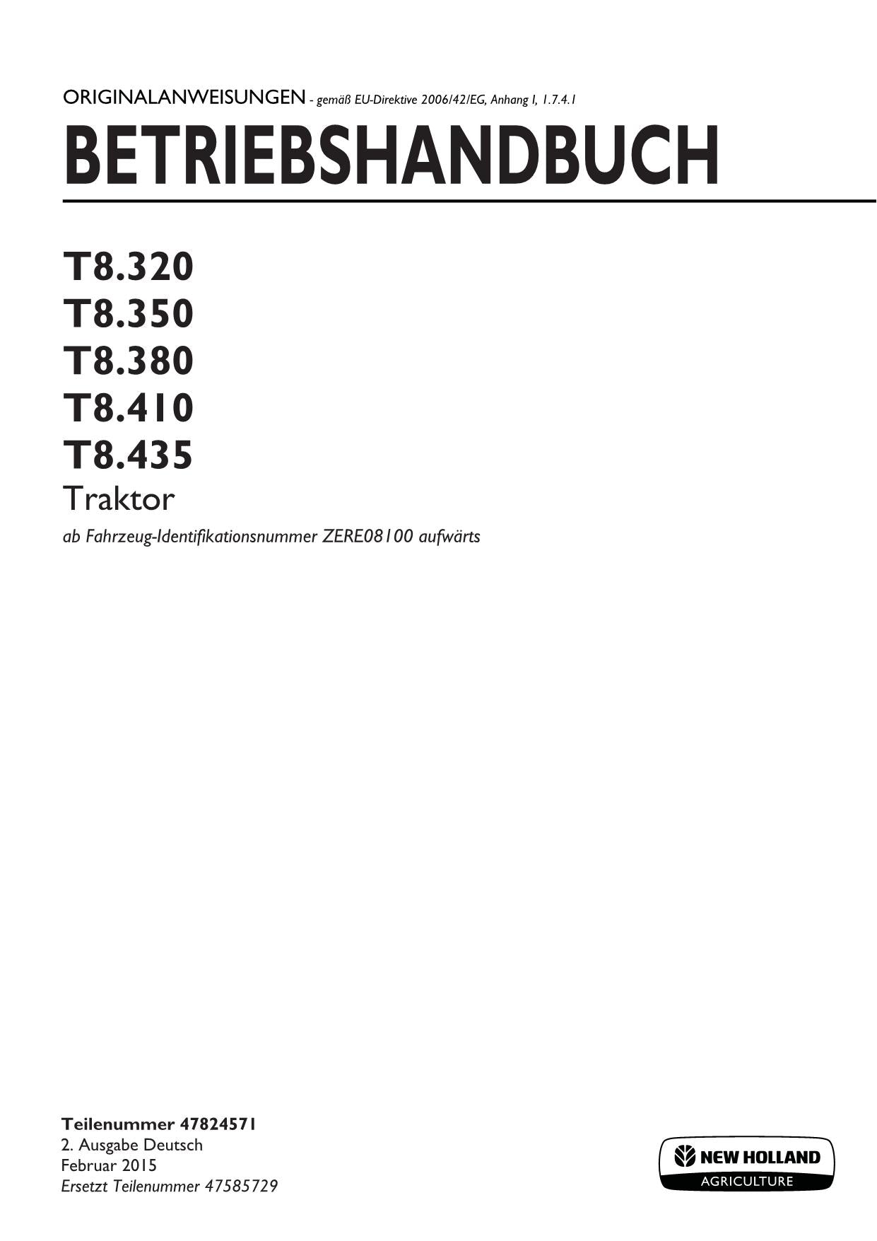 New Holland T8.320 T8.350 T8.380 T8.410 T8.435 CVT traktor betriebsanleitung