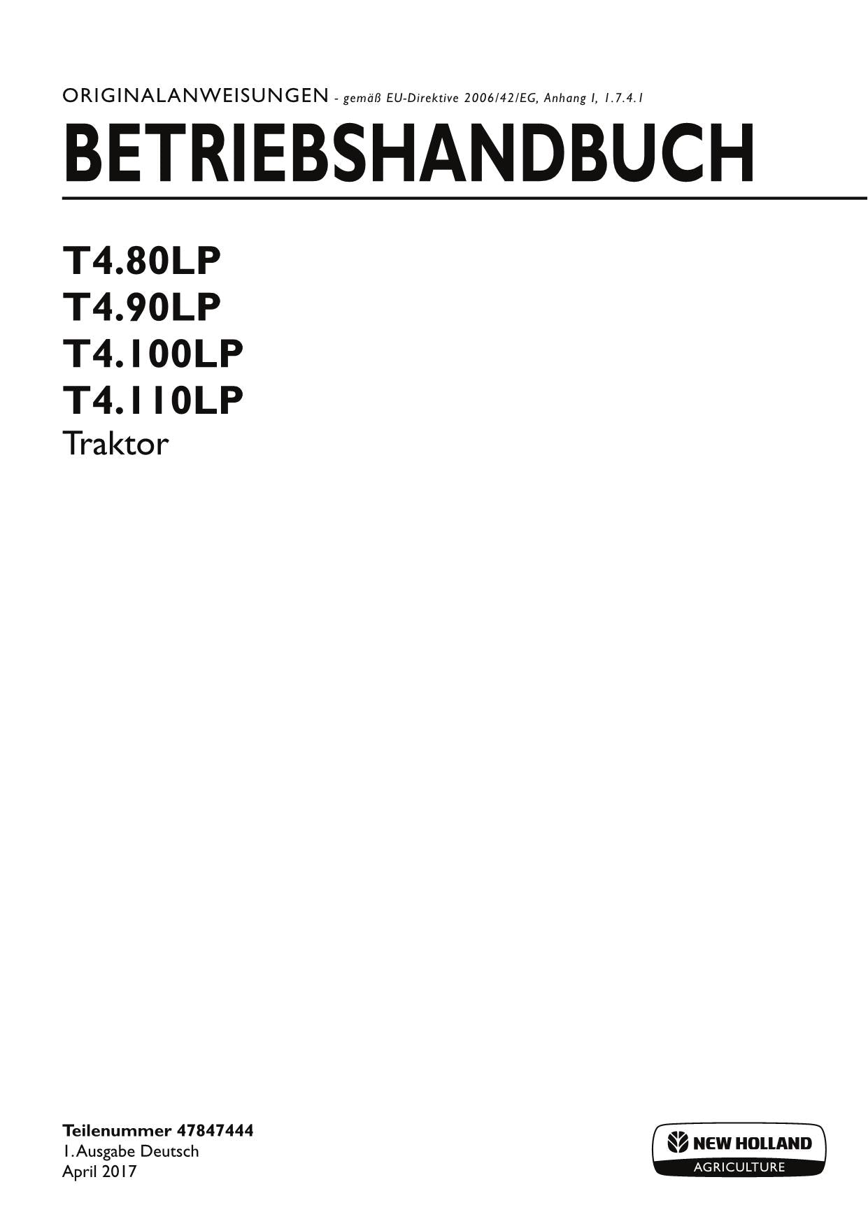 Manuel d'utilisation du tracteur New Holland T4.80LP T4.90LP T4.100LP T4.110LP #1