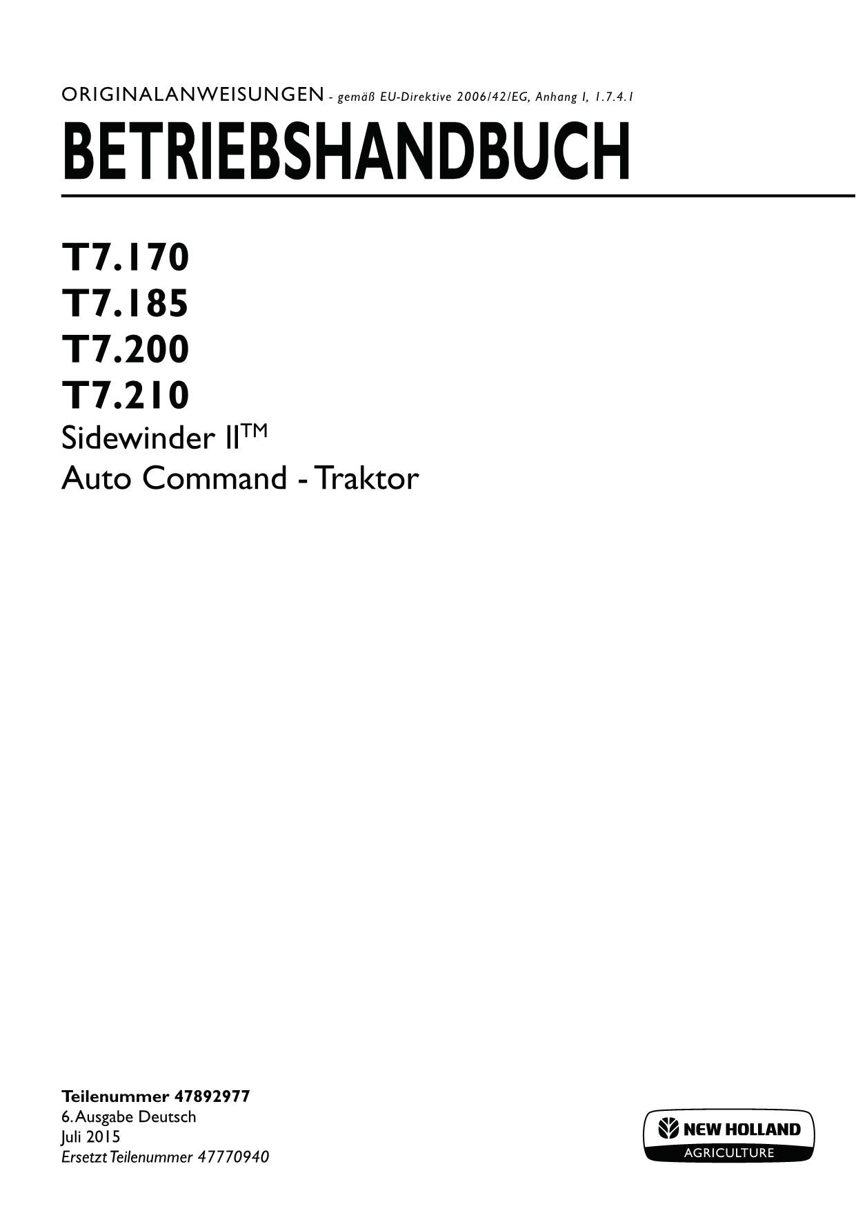 New Holland T7.170 T7.185 T7.200 T7.210 manuel d'instructions pour tracteur 47892977