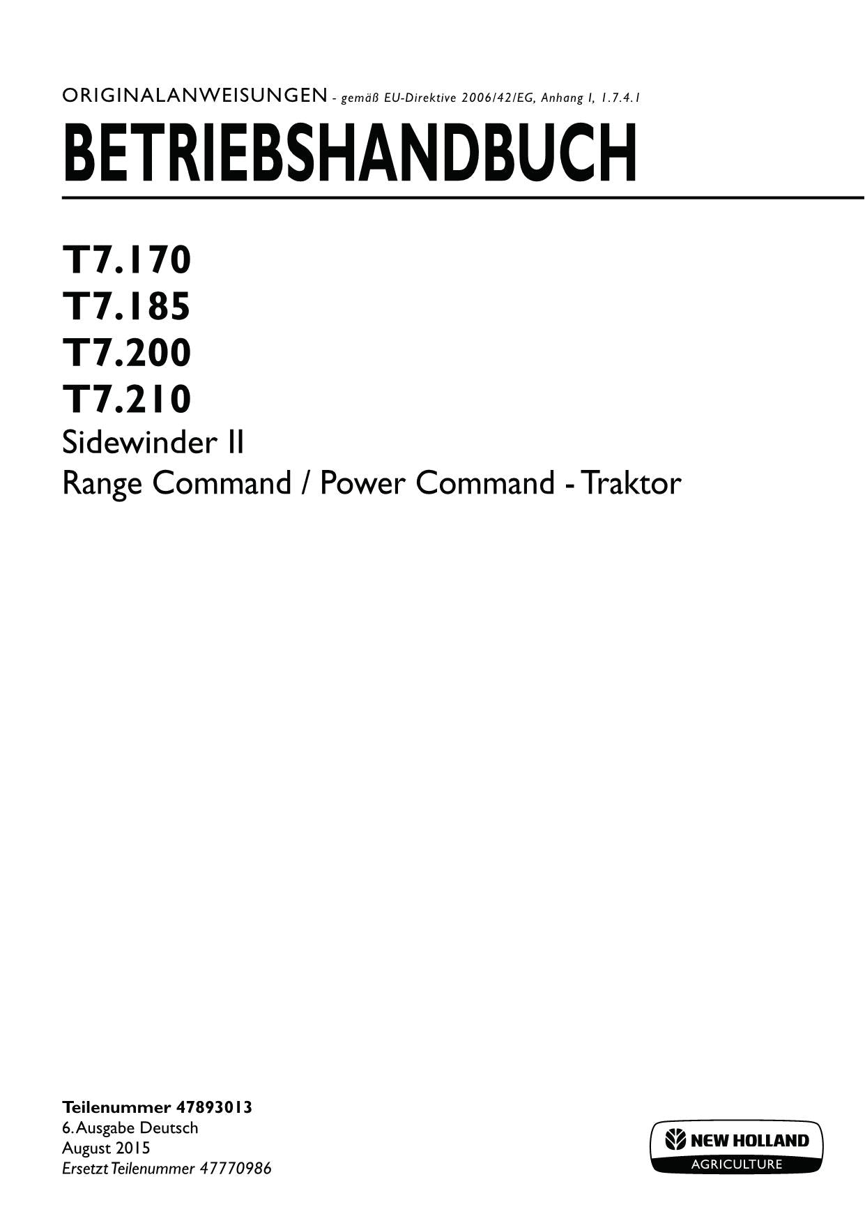 New Holland T7.170 T7.185 T7.200 T7.210 traktor betriebsanleitung 47893013