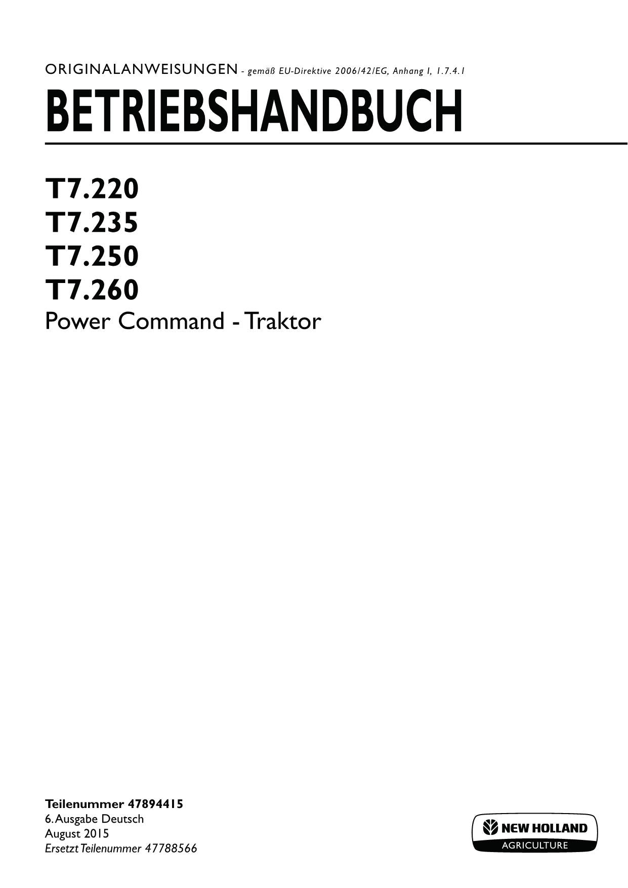 New Holland T7.220 T7.235 T7.250 T7.260 POWER COMMAND manuel d'instructions pour tracteur